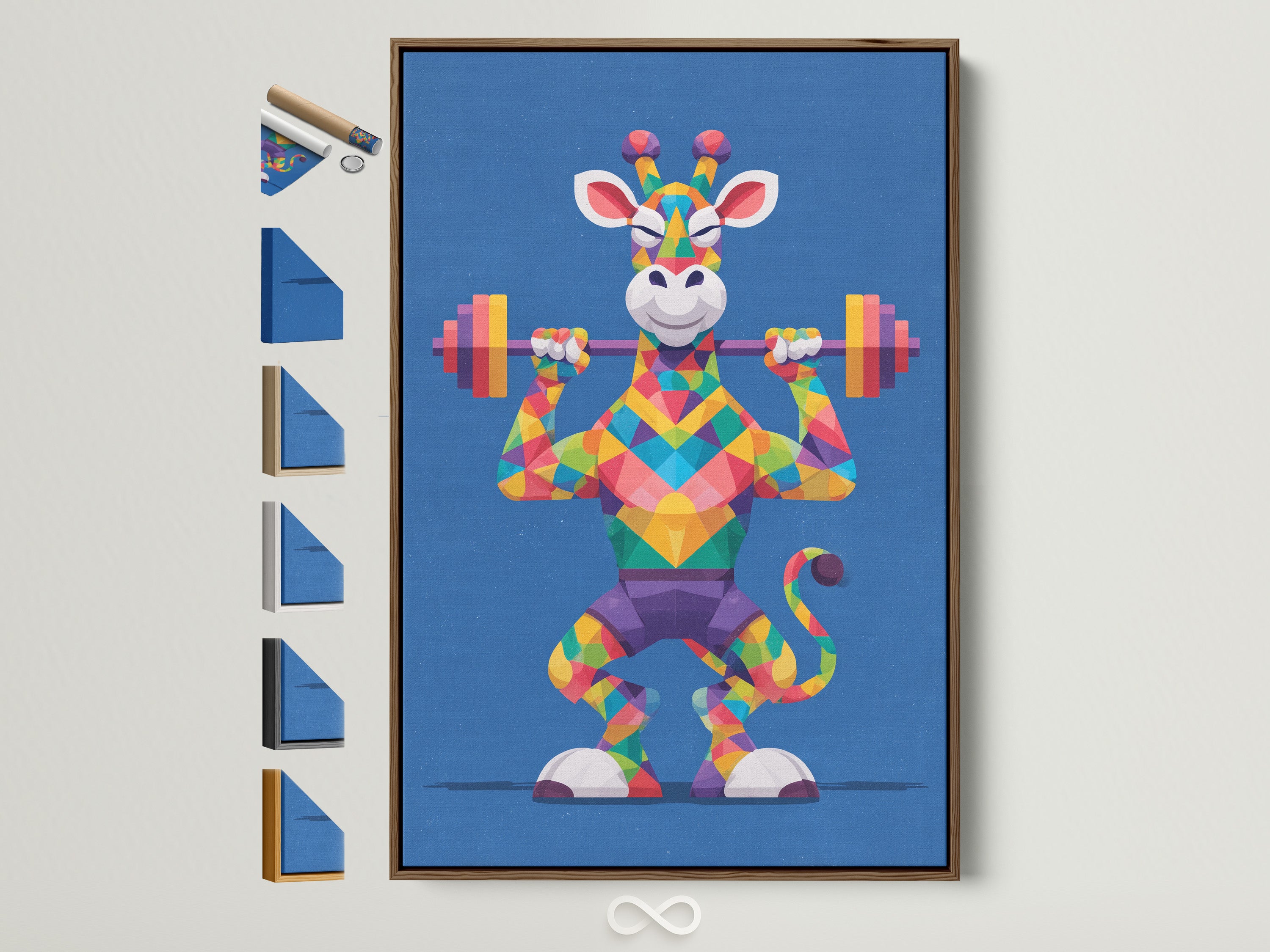 Geometric Giraffe artwork in a brown frame. The artwork features a colorful animal lifting weights. See all frame options available. Ideal for gym decor and fitness motivation. Add a fun and inspirational piece to your workout space. The primary color is blue with rainbow accents.