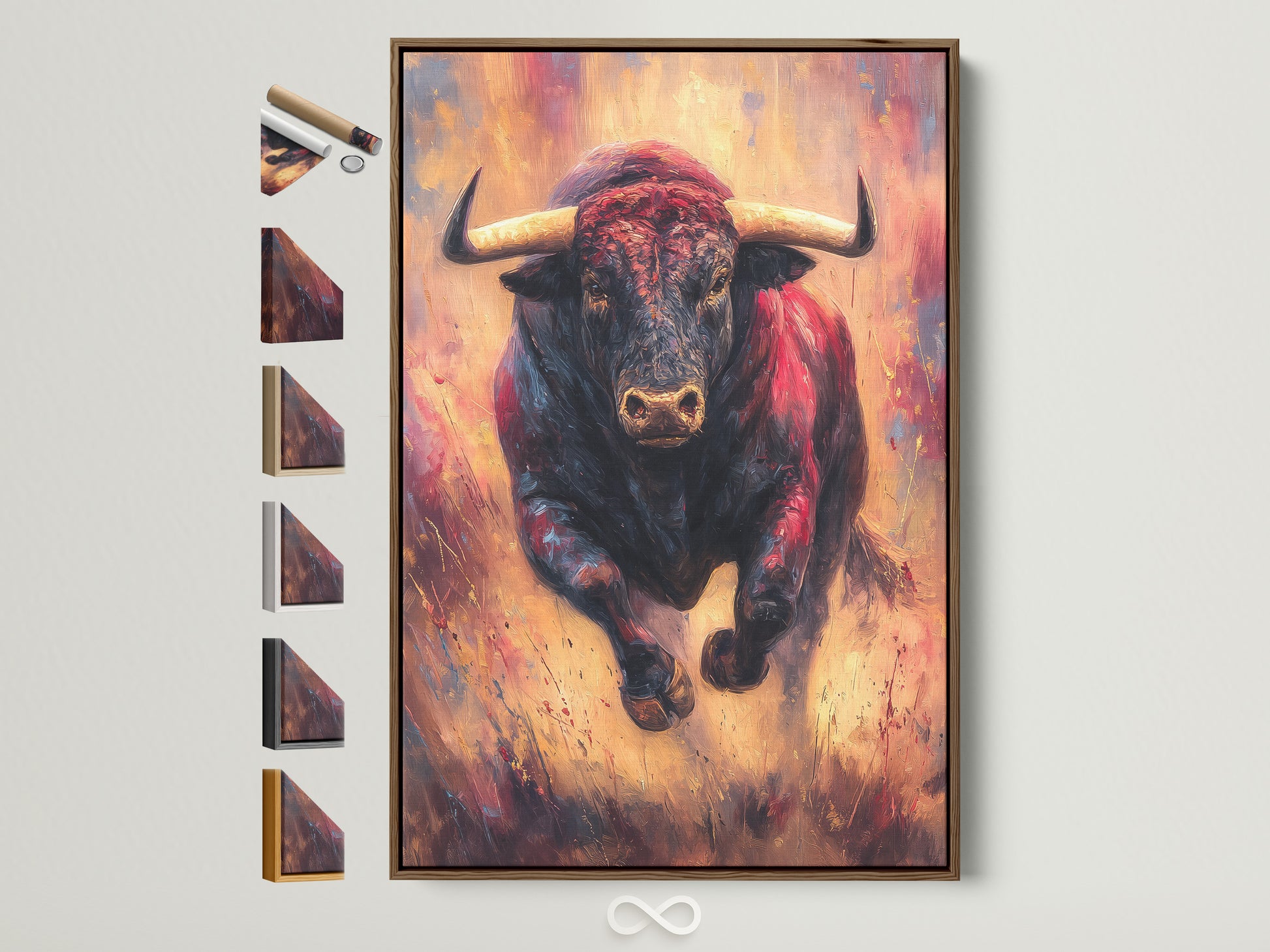 Artwork of a Bull in a brown wooden frame hangs on a white wall. All available frame options are displayed on the side. Select the perfect frame to complement your art. Enhance your space with our premium framing choices.