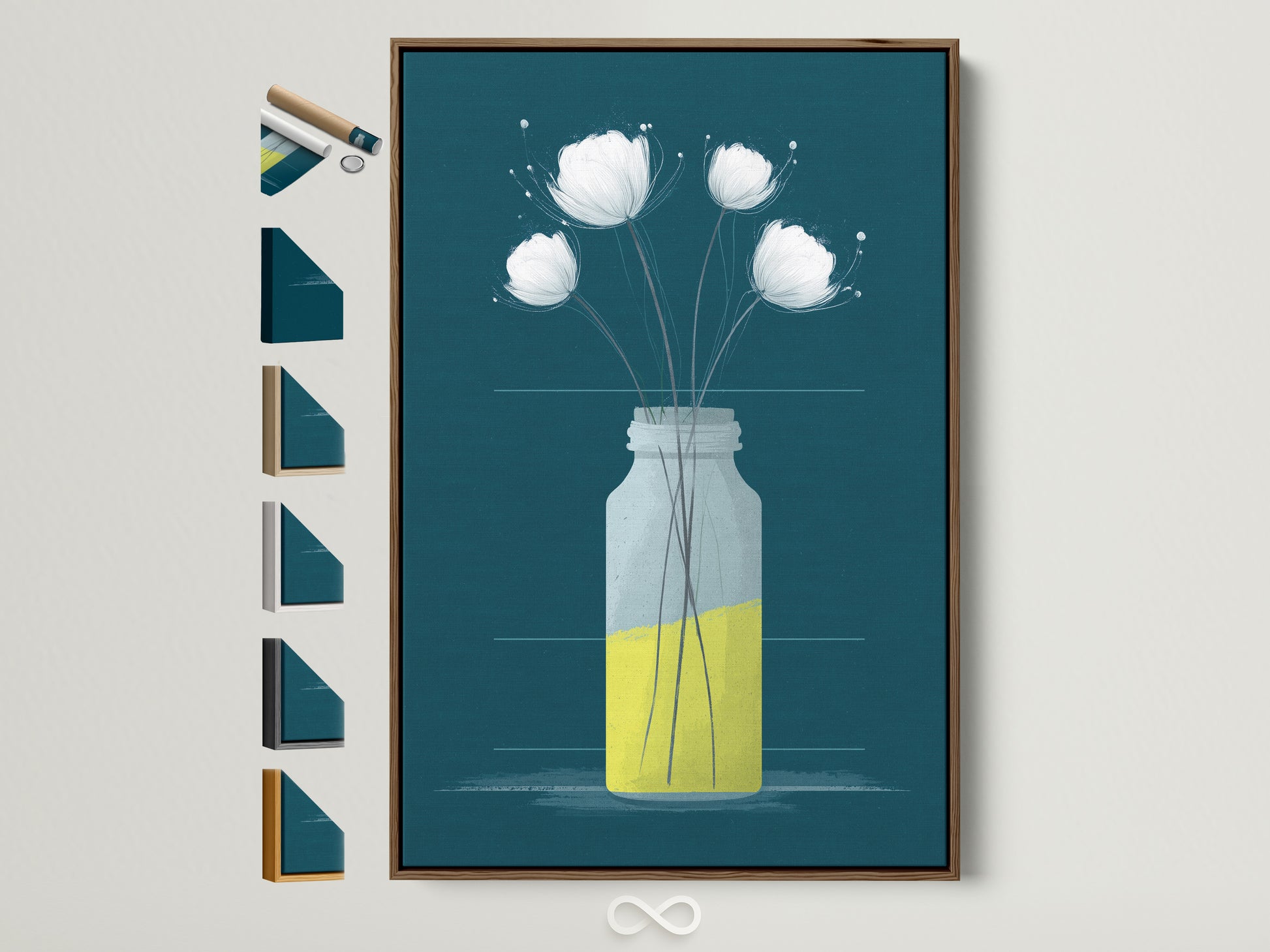 A white flower canvas print in a brown frame. The teal and yellow floral wall art provides a minimalist botanical touch. Frame options are displayed. Perfect as bedroom wall decor. Ideal for Scandinavian style art lovers.