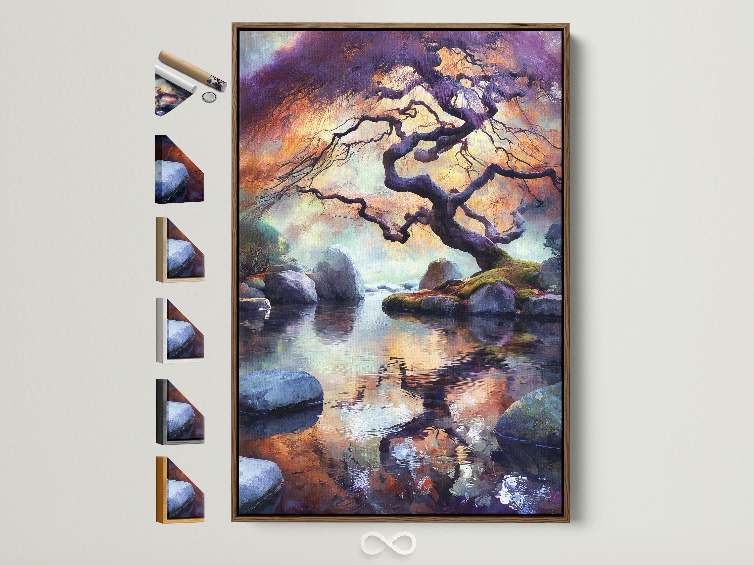 Japanese Tree Canvas Print is displayed in a brown frame. All frame options are visible on the side. The artwork features zen water reflection wall art. It's an Asian landscape artwork perfect for a meditation room. Consider this tranquil artwork for your peaceful wall decor.