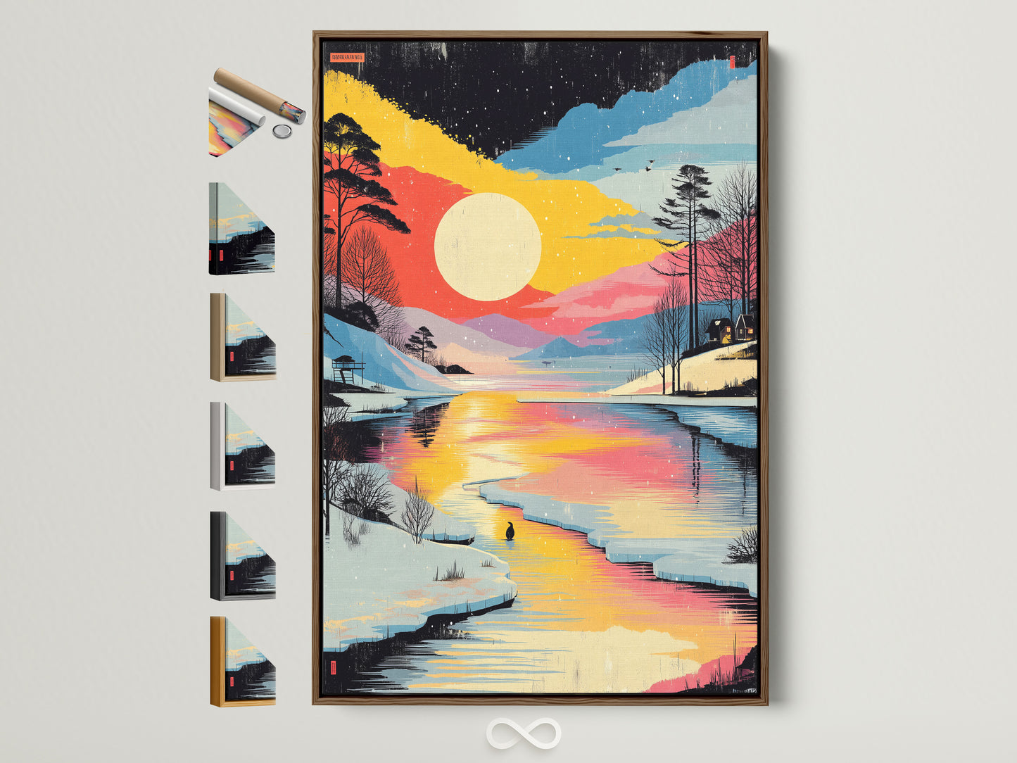 Winter Sunset Canvas Print in a brown frame. This colorful lake landscape artwork brings nature inside. Snowy forest artwork adds peace to bedroom wall decor. The artwork is displayed with other frame options.