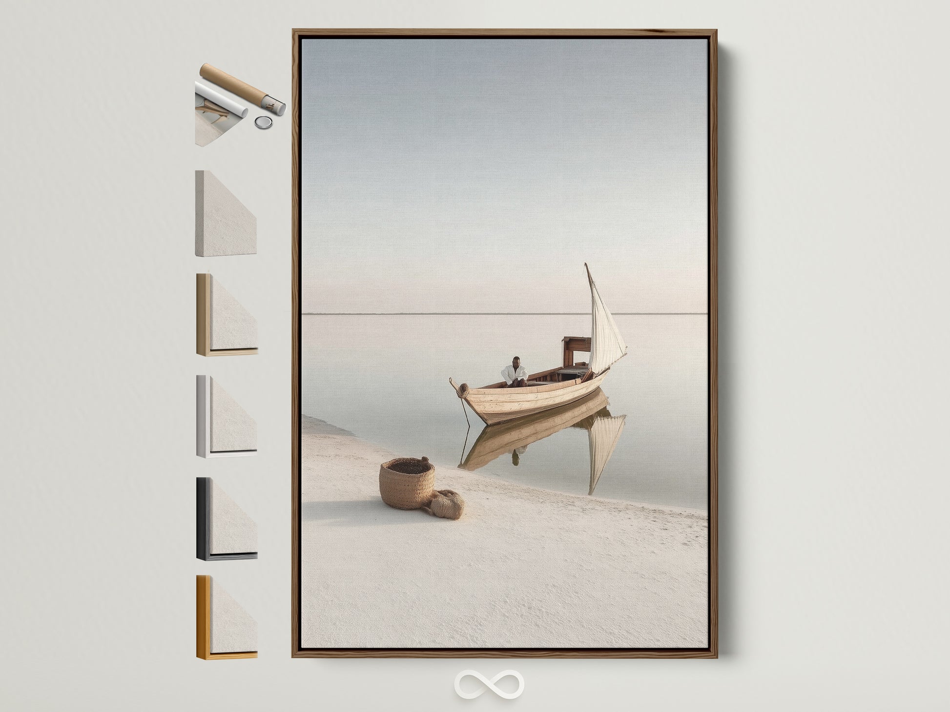 Coastal Seascape Wall Art in a brown frame. This minimalist nautical photography brings a serene ocean view to your bedroom or living room. Multiple Frame options are displayed. A perfect piece of beige coastal artwork.