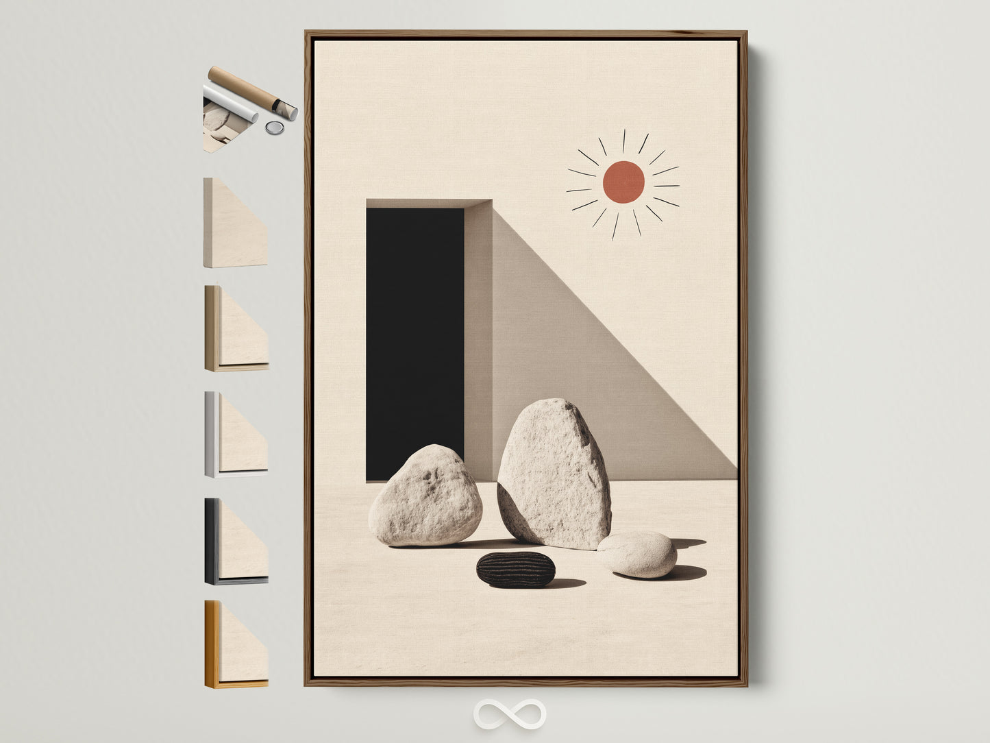 Minimalist Stone Canvas artwork with a brown frame. The artwork features geometric shapes and neutral colors. A stylish choice for modern home or office wall decor. This frame is displayed with all frame options on the side. Perfect for adding a touch of zen to any space. Enhance your interior with this elegant artwork.