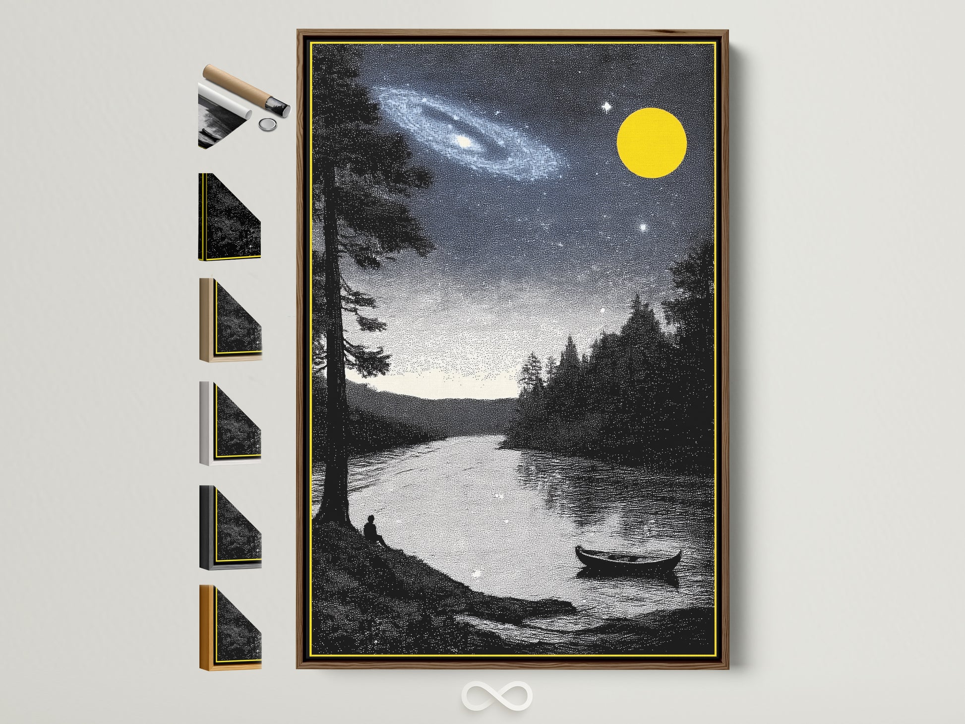 Night Sky Landscape artwork with a brown frame. The artwork features a lake a galaxy a yellow moon and trees. Frame options displayed on the side showcase available styles for this celestial scenery print. Perfect modern wall art.