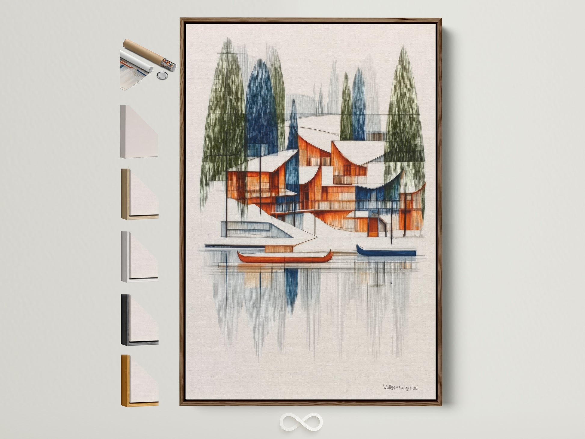 A brown frame displays architectural lake house artwork. This mid-century modern art piece features geometric lake scenery. Explore frame options to enhance your office decor. Perfect for architectural enthusiasts seeking refined wall art.