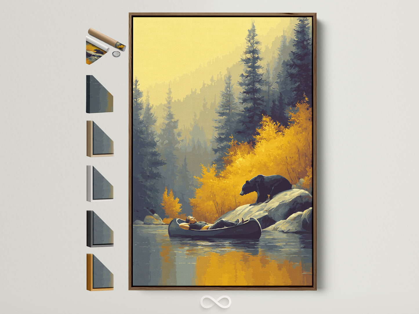 A serene nature artwork featuring a bear and canoe. The artwork is framed in a brown frame. Various frame options are displayed beside it. Perfect autumnal forest wall decor for a cabin setting.
