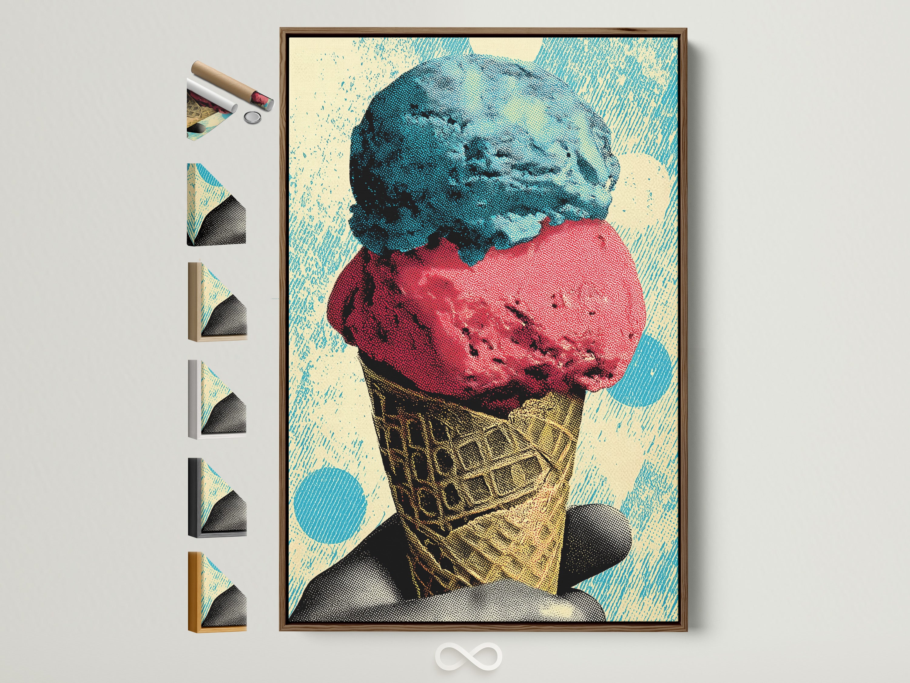 Explore our range of art frames Each frame option is displayed around a vibrant ice cream artwork. Find the perfect frame to complement your style. Enhance your space with framed art.