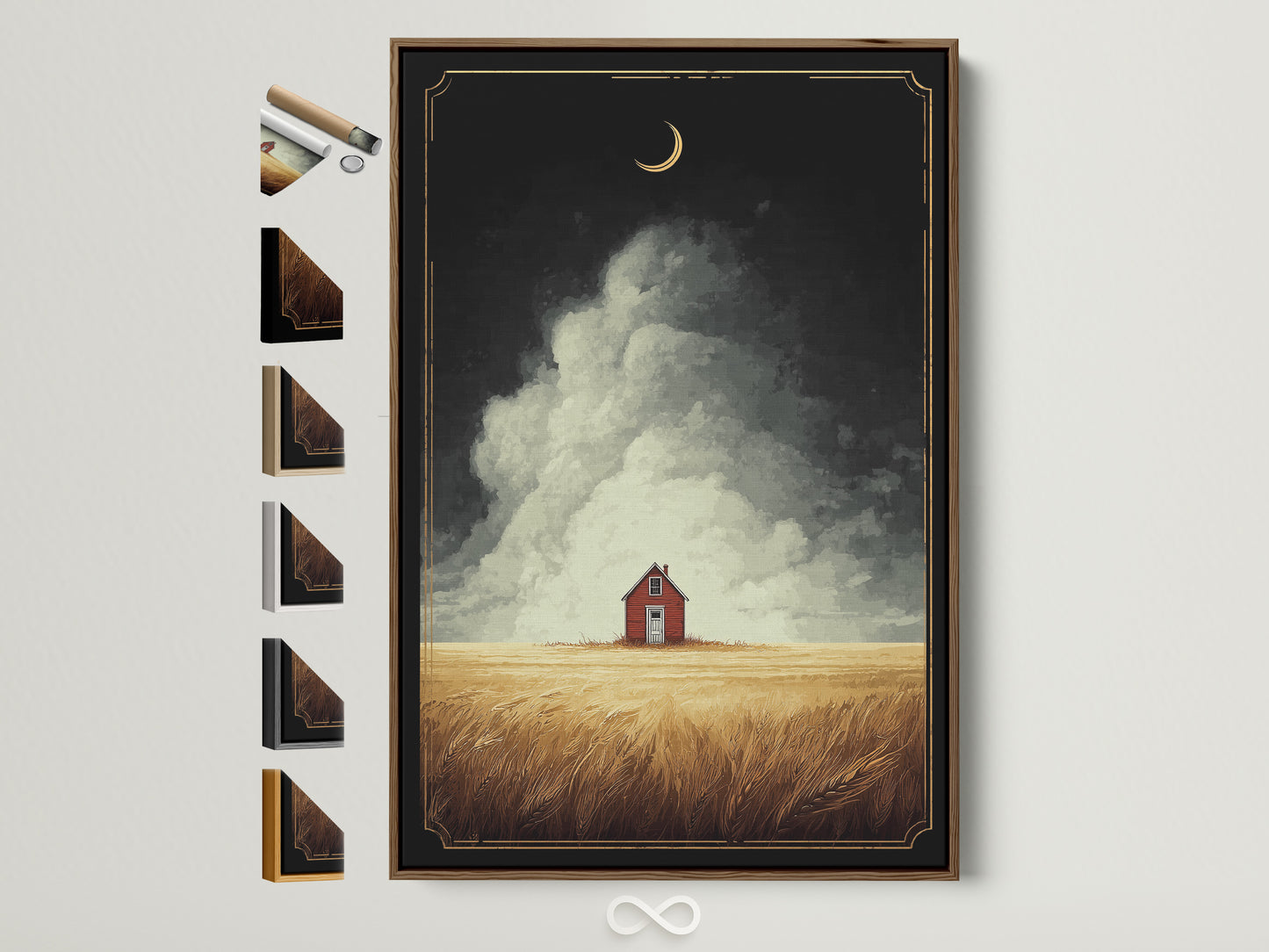 Framed farmhouse art featuring a red barn in a golden wheat field. The artwork is displayed in a brown frame. Frame options are visible on the side. Perfect for adding a touch of rustic charm to your entryway or living room. Elevate your home decor with this captivating landscape poster.