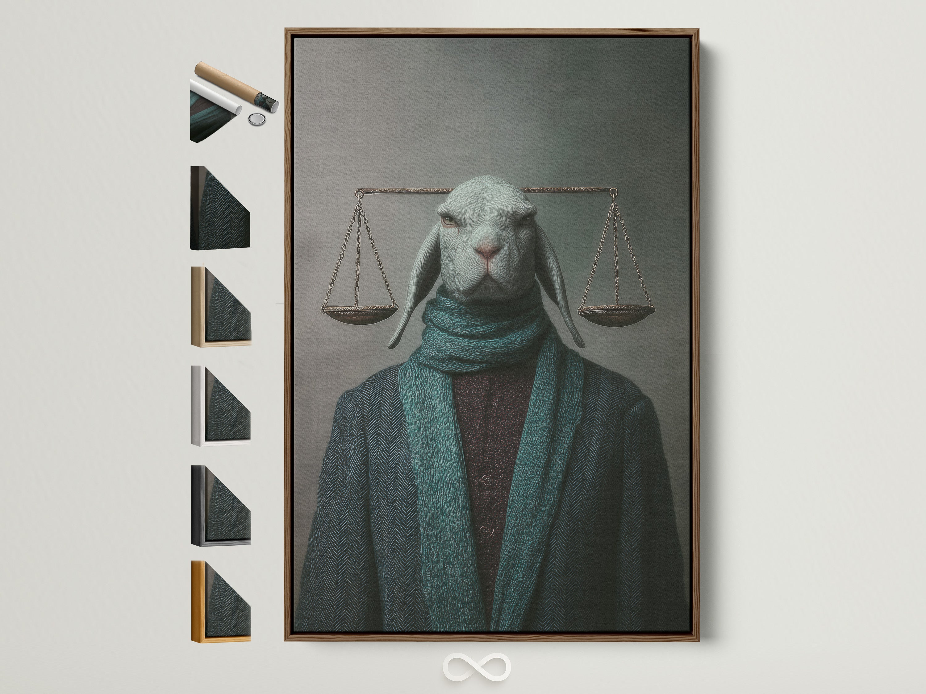 Explore frame options for the Justice Rabbit art print. A brown frame surrounds the surreal legal wall art. See available frame styles to perfectly match your law office decor. This animal portrait canvas adds sophistication and whimsy.