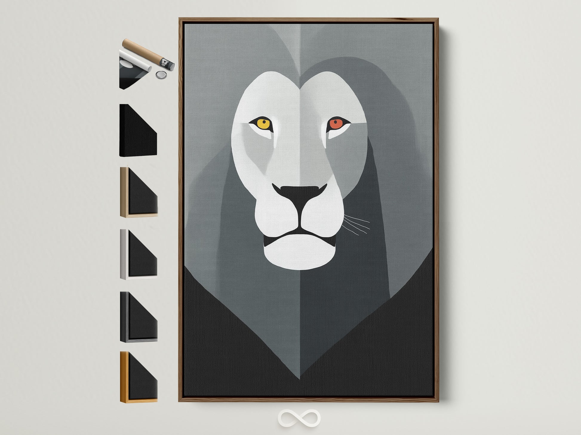 Explore our artwork framing options. See the brown frame with various frame styles showcased on the side. Find the perfect frame to complement your art. Discover options for every aesthetic preference. Enhance your artwork with our diverse frame selection.