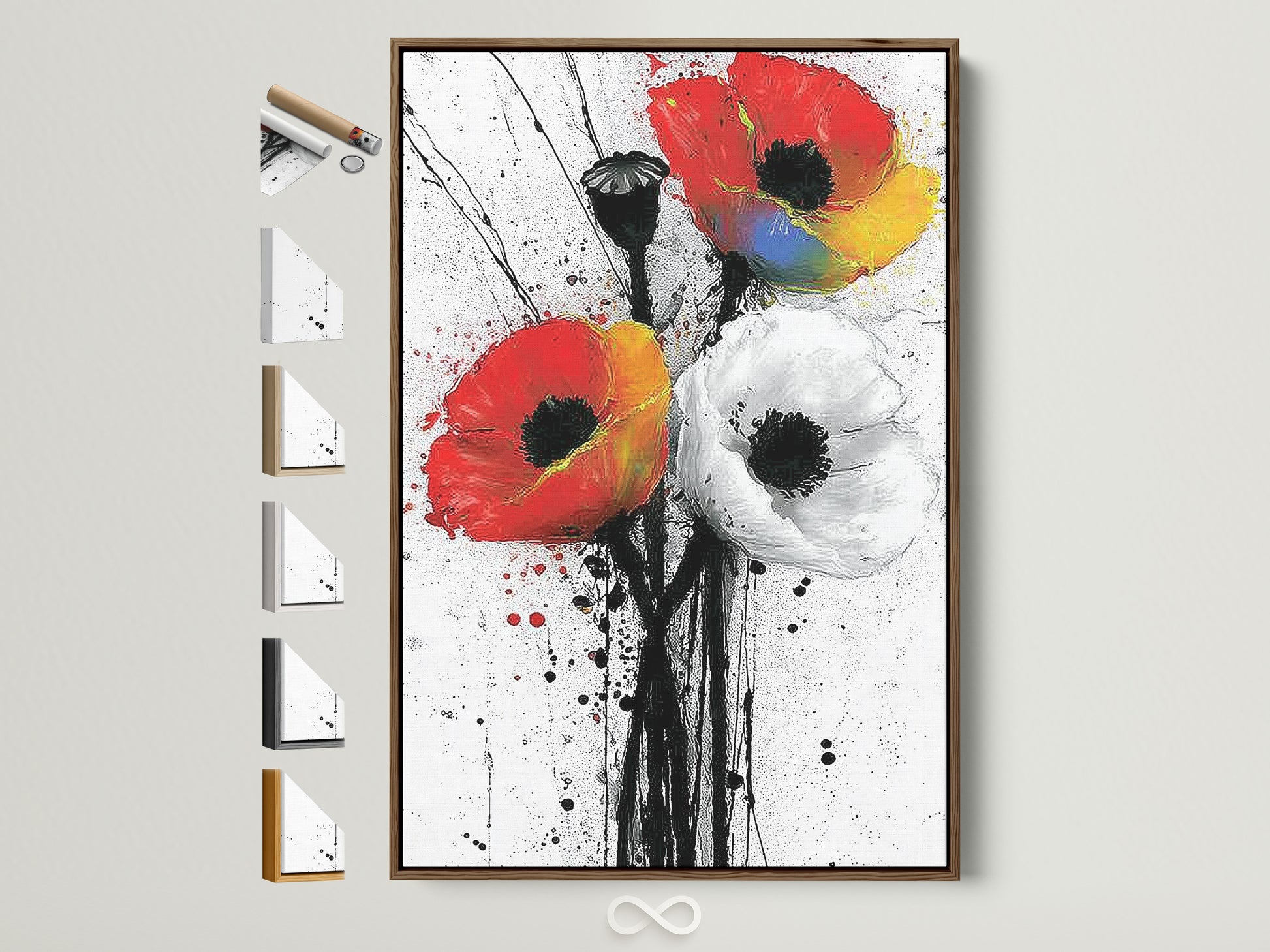 Abstract Poppy artwork in a brown frame. This modern floral wall art features red and white flowers. The artwork is displayed with frame options on the side. Perfect wall decor for a bedroom or living room. It complements contemporary minimalist or Scandinavian styles.