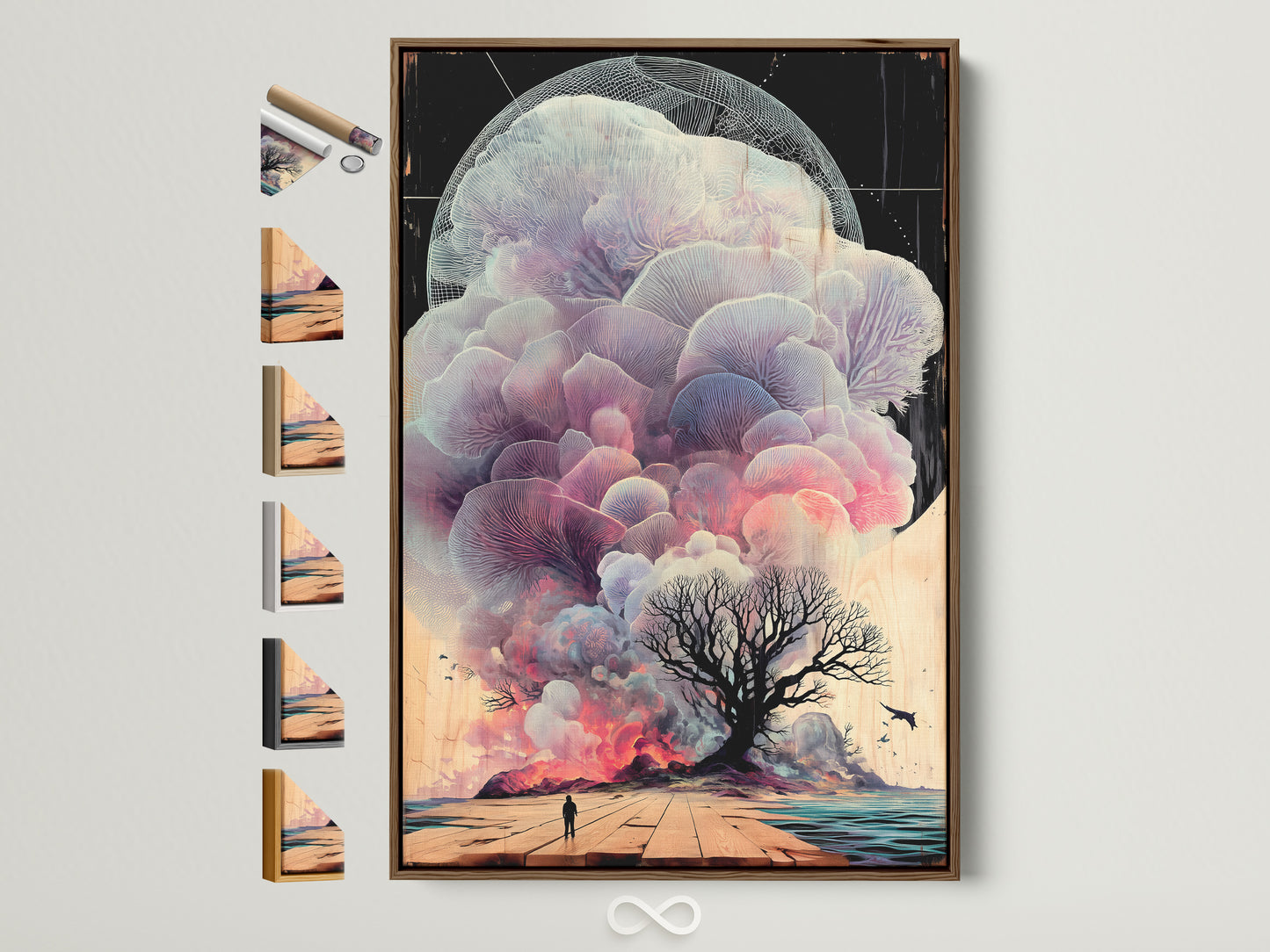 A surreal landscape artwork is displayed within a brown frame. Various frame options are showcased beside it. The art features a dreamy scene with a solitary figure and an ethereal tree. The artwork evokes a sense of meditation and tranquility. Ideal wall art for modern homes studios or meditation spaces.