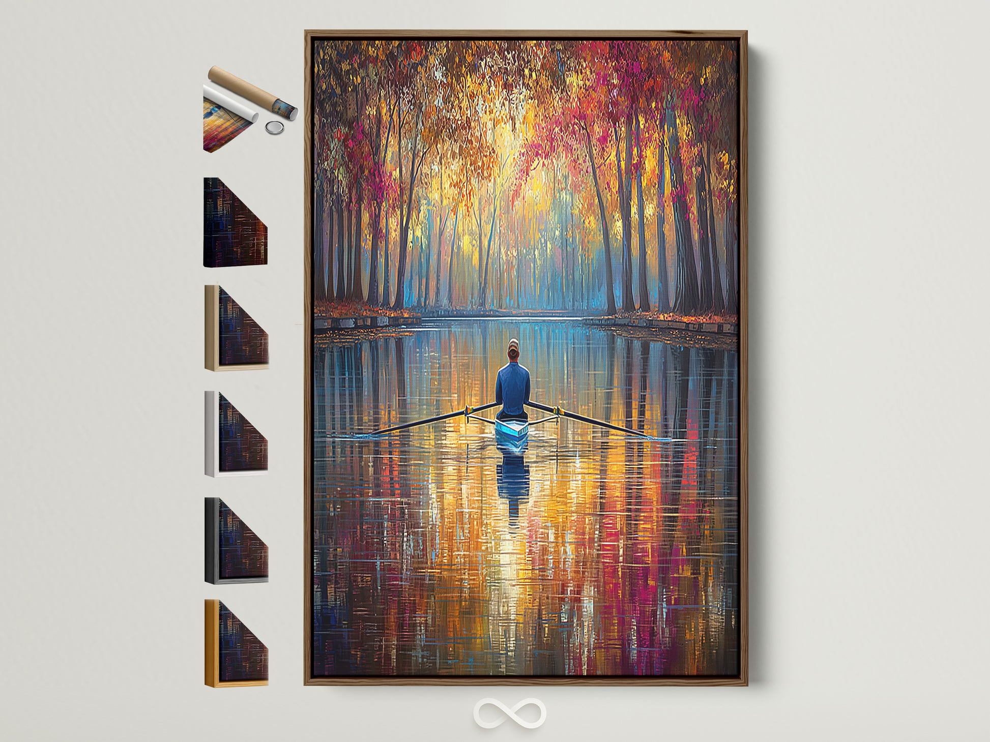 Explore wall art options with this brown frame. See all frame choices displayed beside the tranquil rowing artwork. Impressionist style artwork brings nature indoors. Perfect for creating a serene atmosphere in any room. Discover the ideal frame to match your decor.
