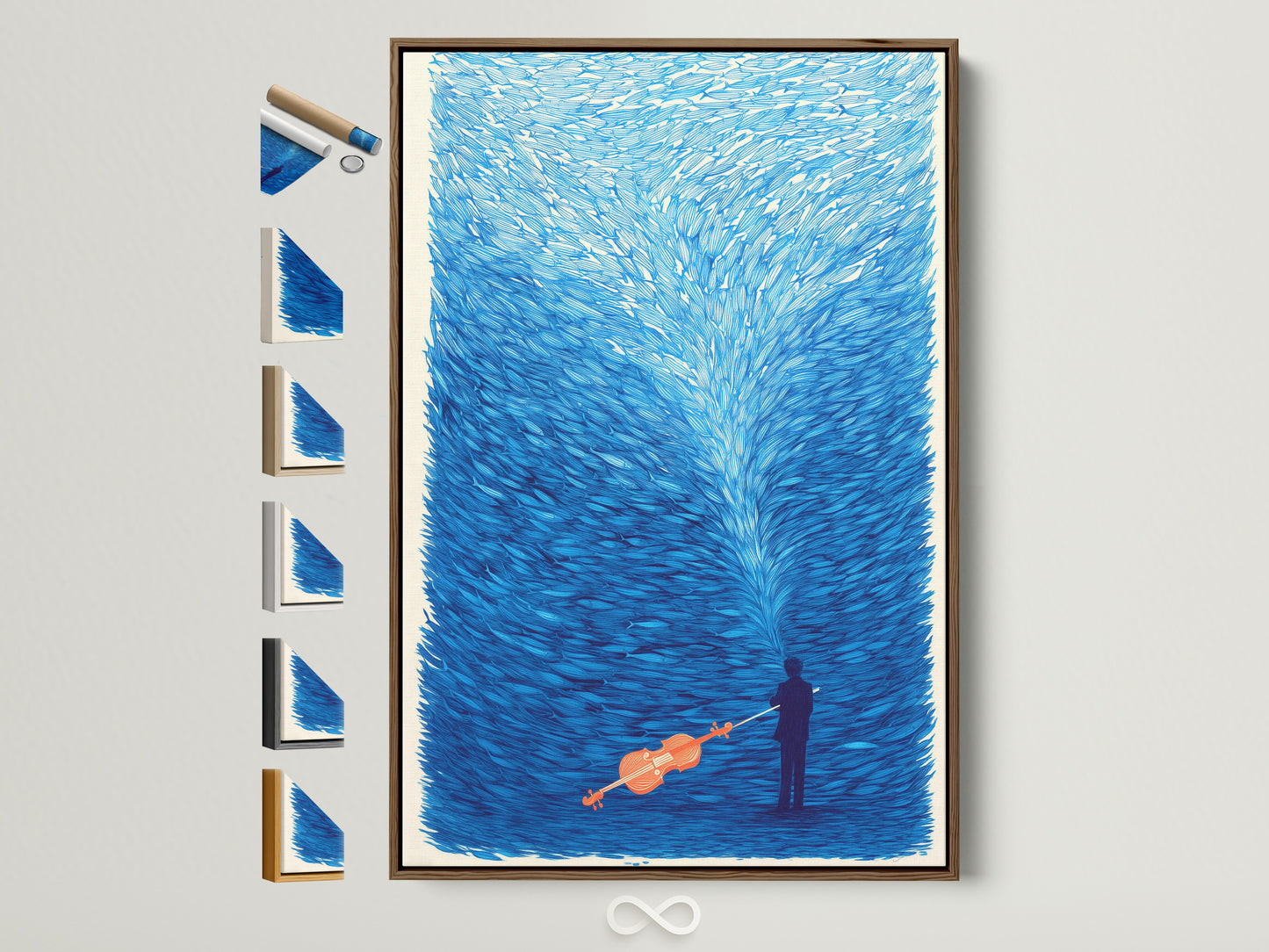 A surreal violin wall artwork is showcased with various frame options.  Explore frame styles like oak white black and gold. Find the perfect frame to complement your musical artwork. The indigo blue art print is ideal for a music room or as a gift for a musician.