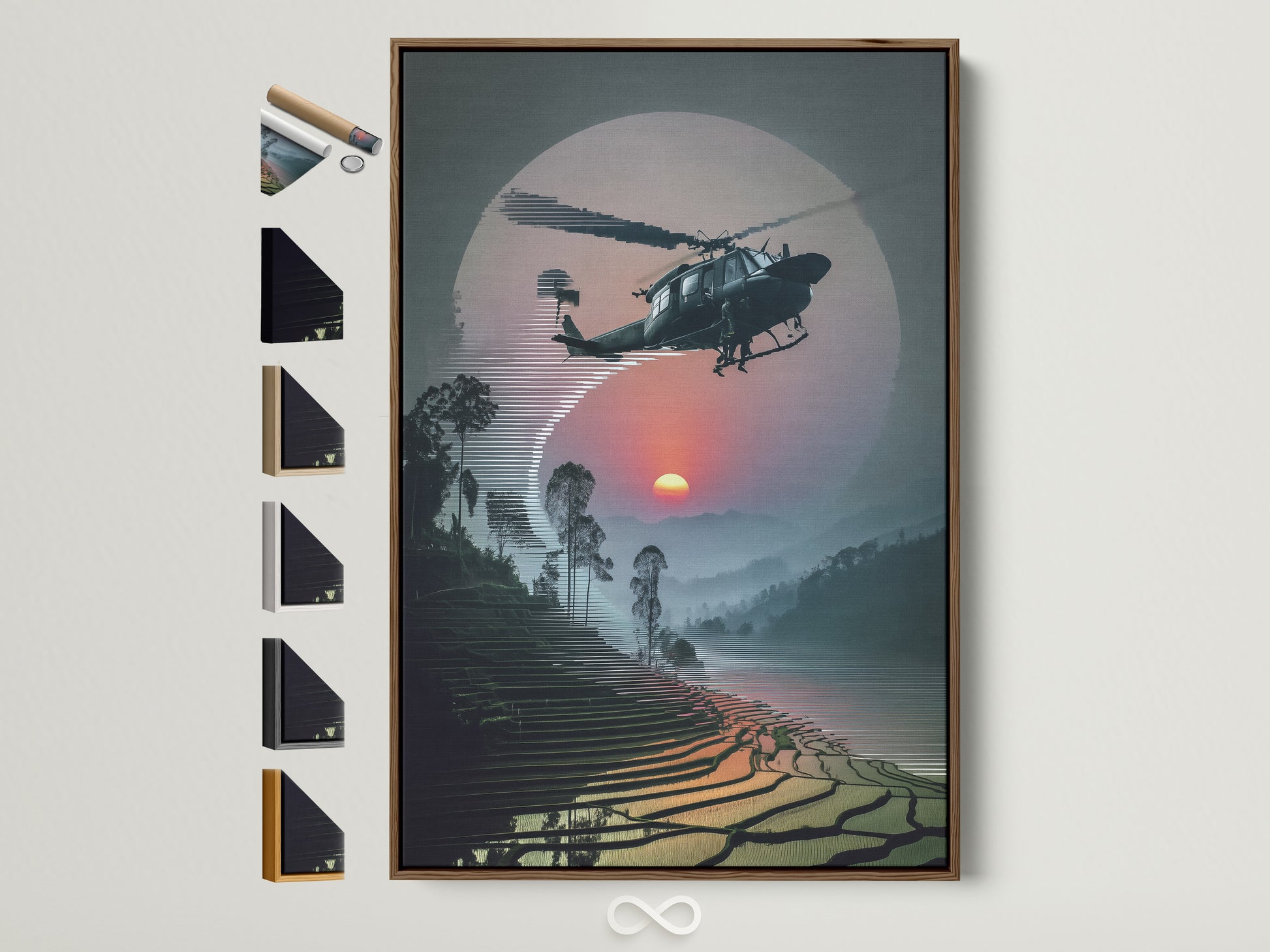 Vietnam War Era Wall Art in a brown frame. Helicopter artwork depicting a sunset aviation poster. This military aircraft print adds historical significance to any room. Explore framed art options on the side.