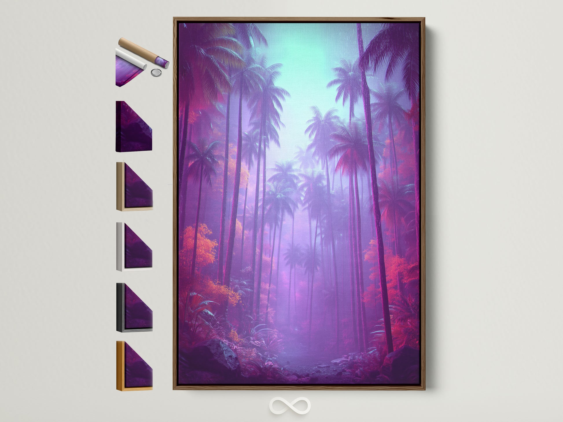 Tropical palm tree artwork in a brown frame. Multiple frame options are displayed. This purple and teal wall art brings vacation vibes to any room. Perfect for coastal or modern decor.