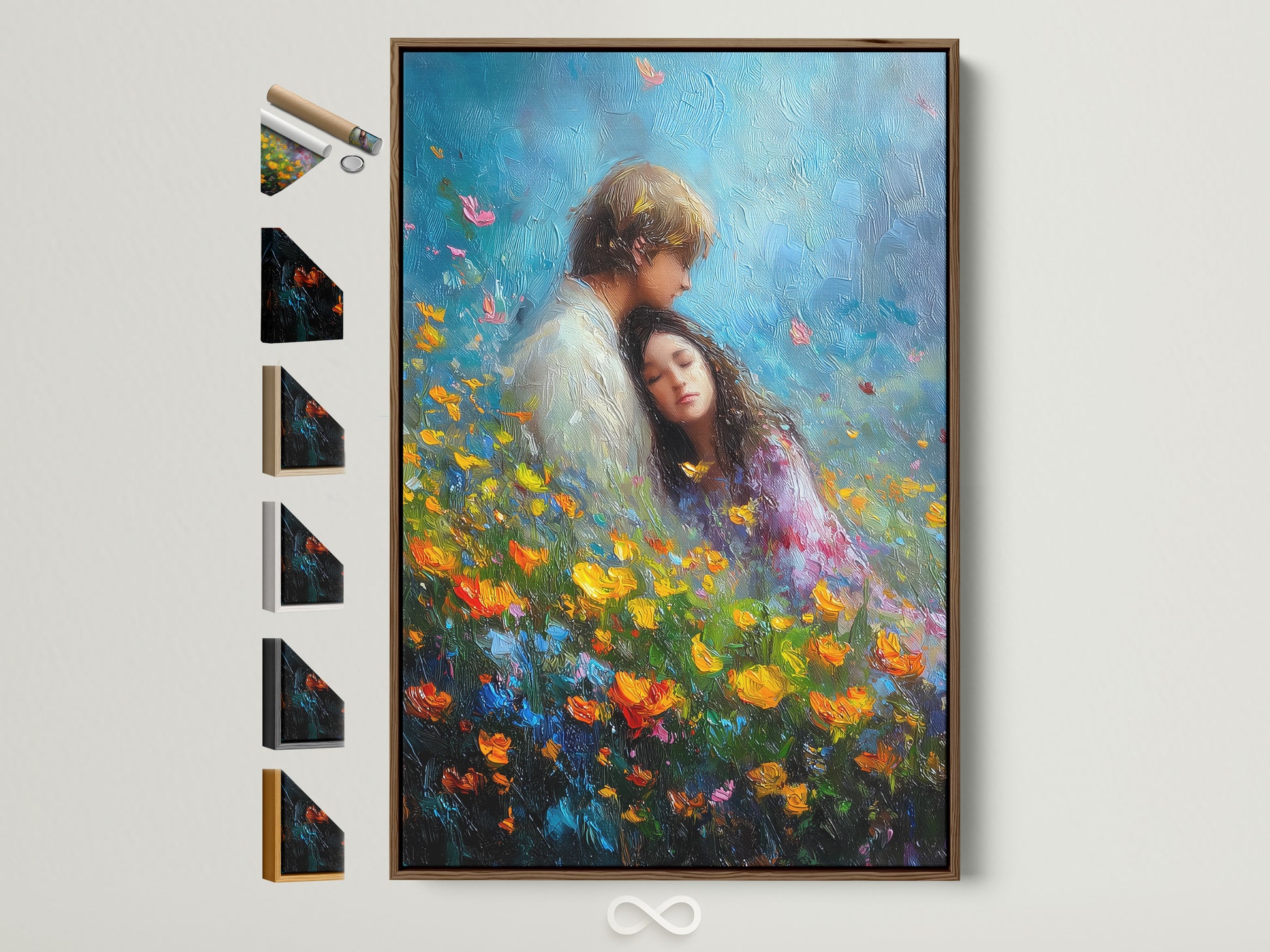 Artwork featuring a brown frame with frame options displayed. The art inside showcases a couple in a field of flowers. The brown frame enhances the artwork's warmth. Various frame styles are visible for customization.