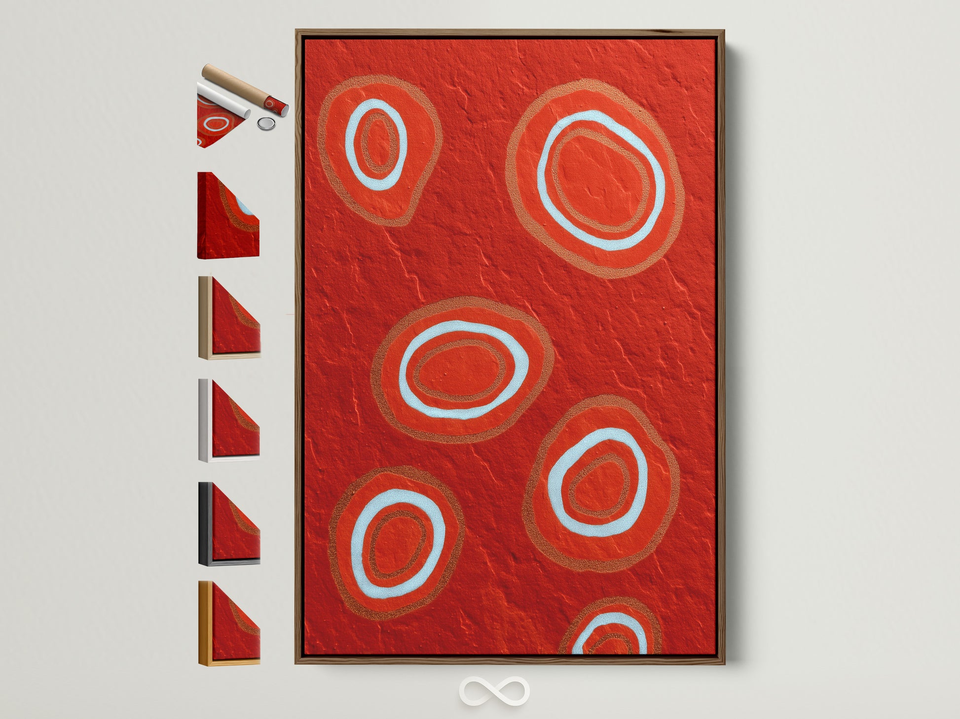 A vibrant abstract red canvas print is displayed in a brown frame. Explore frame options for this modern geometric wall art. The bold circle artwork adds a touch of contemporary style to any dining room decor. Discover the perfect frame to complement your space. All frame options are conveniently showcased.