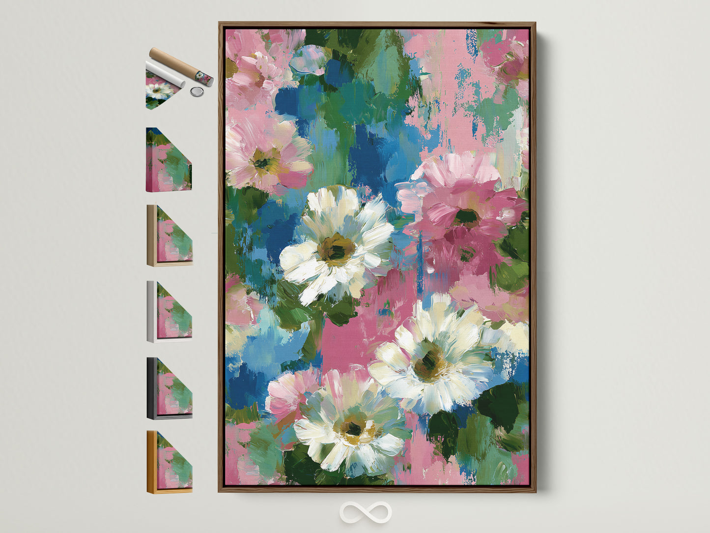 Floral canvas artwork with a brown frame. This pink and blue flower wall art adds a touch of impressionist botanical beauty to any bedroom. It's shown next to frame options. Perfect for cottagecore or contemporary spaces. Ideal for adding a spring aesthetic to your home decor. This abstract flower art brings garden charm indoors. Shabby chic art that elevates your space.
