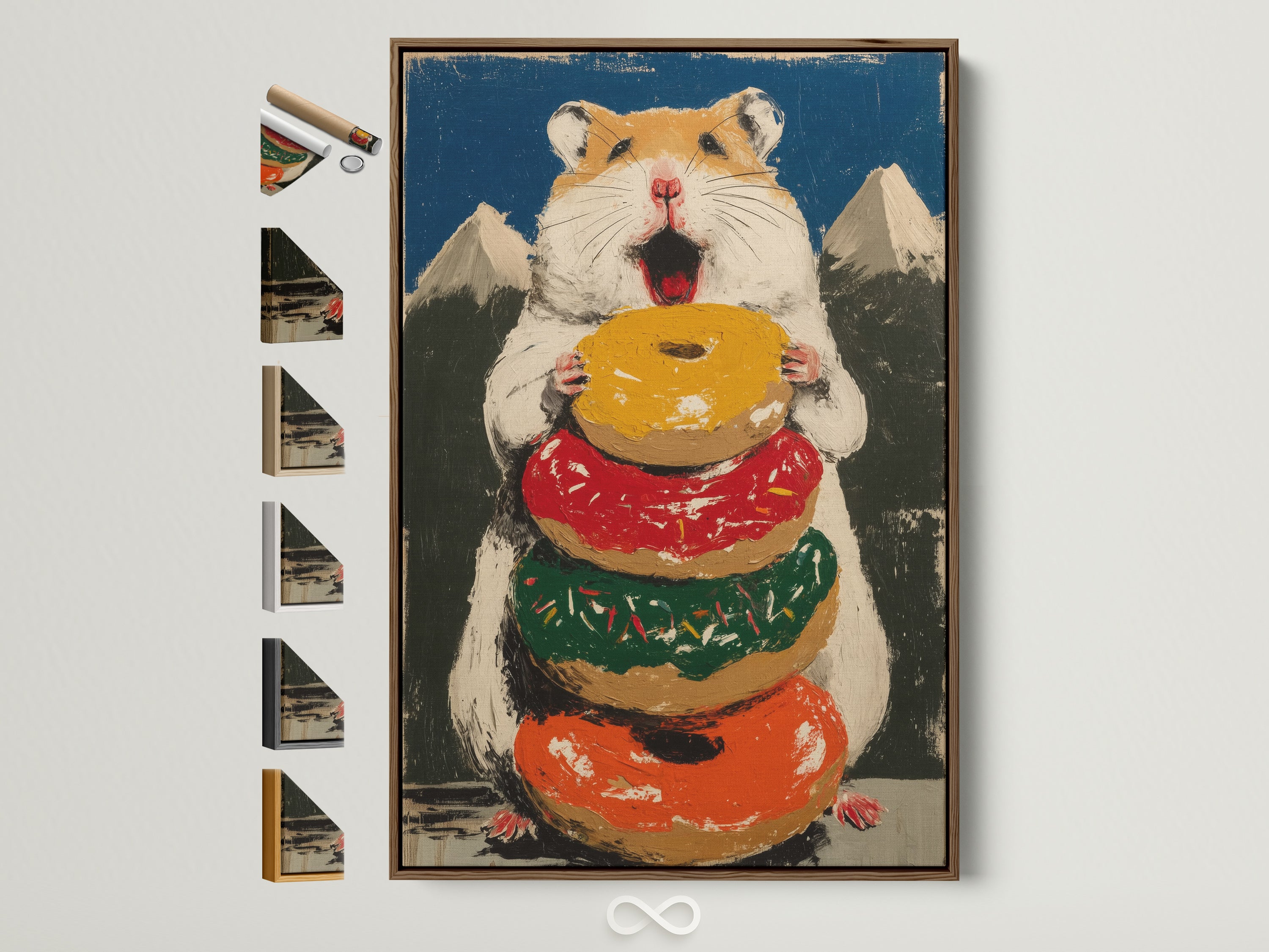 Hamster Donut artwork with a brown frame. This art is perfect for a kitchen or bakery. All frame options are displayed. The artwork features a cute hamster holding a stack of colorful donuts. This is a fun and quirky piece of art.