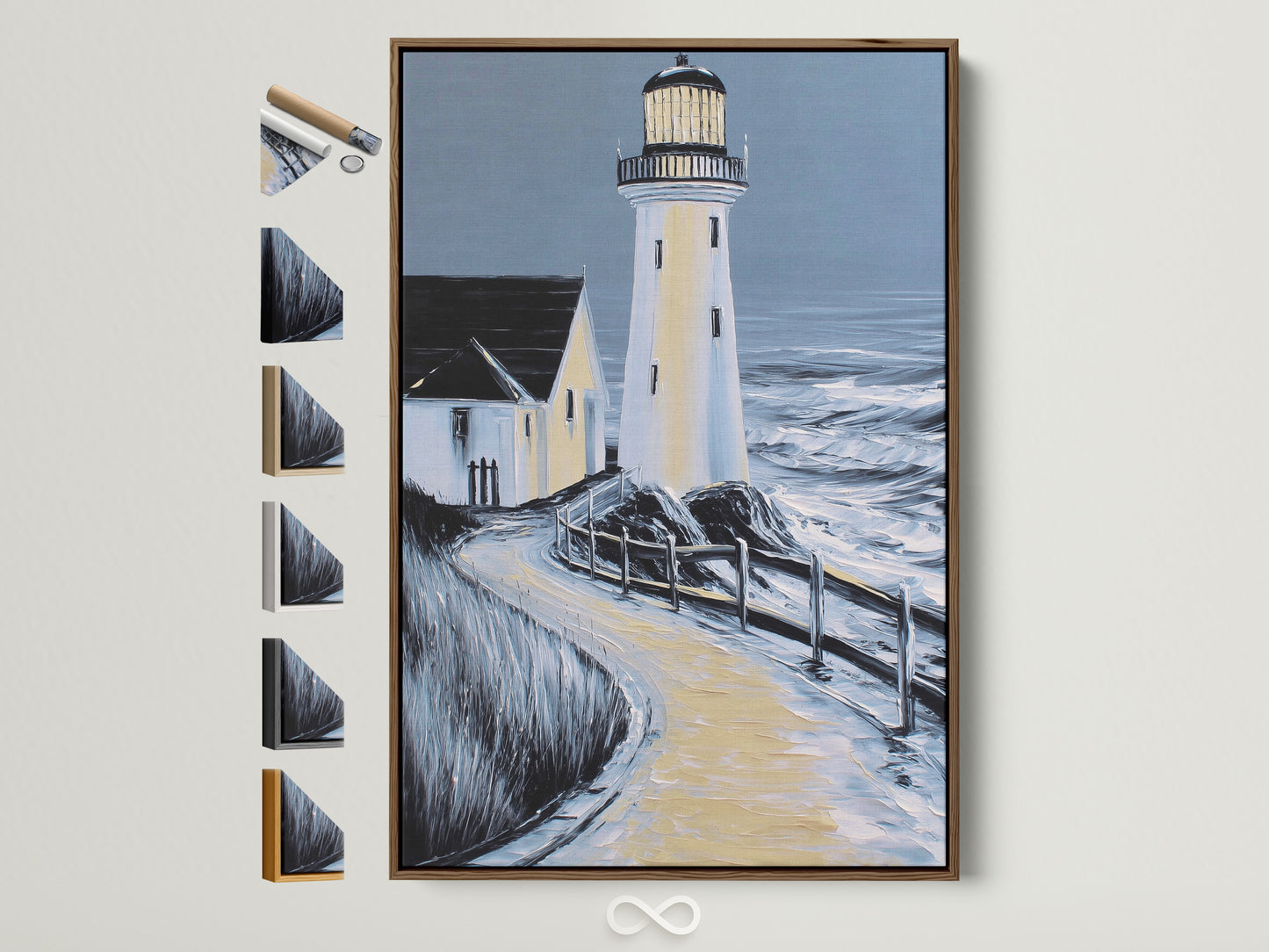 Lighthouse coastal artwork in a brown frame. This nautical seascape artwork adds a touch of the ocean to any room. The frame enhances the blue and white tones. Frame options are displayed showcasing versatility.