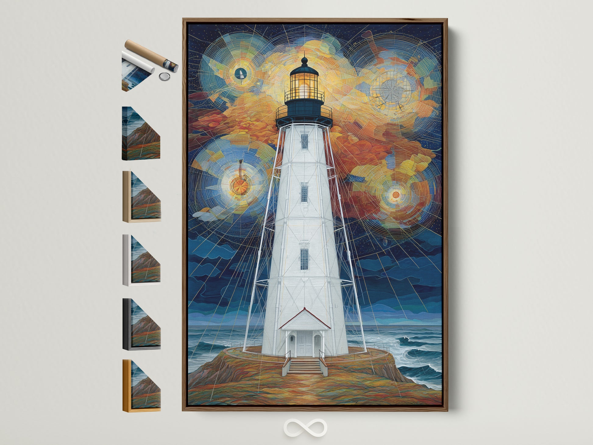 Lighthouse geometric sky wall art with a brown frame. The artwork depicts a coastal scene with a tall white lighthouse. The sky is filled with geometric patterns and vibrant colors. This nautical art adds a touch of minimalist elegance to any room. It's a great choice for coastal home decor.
