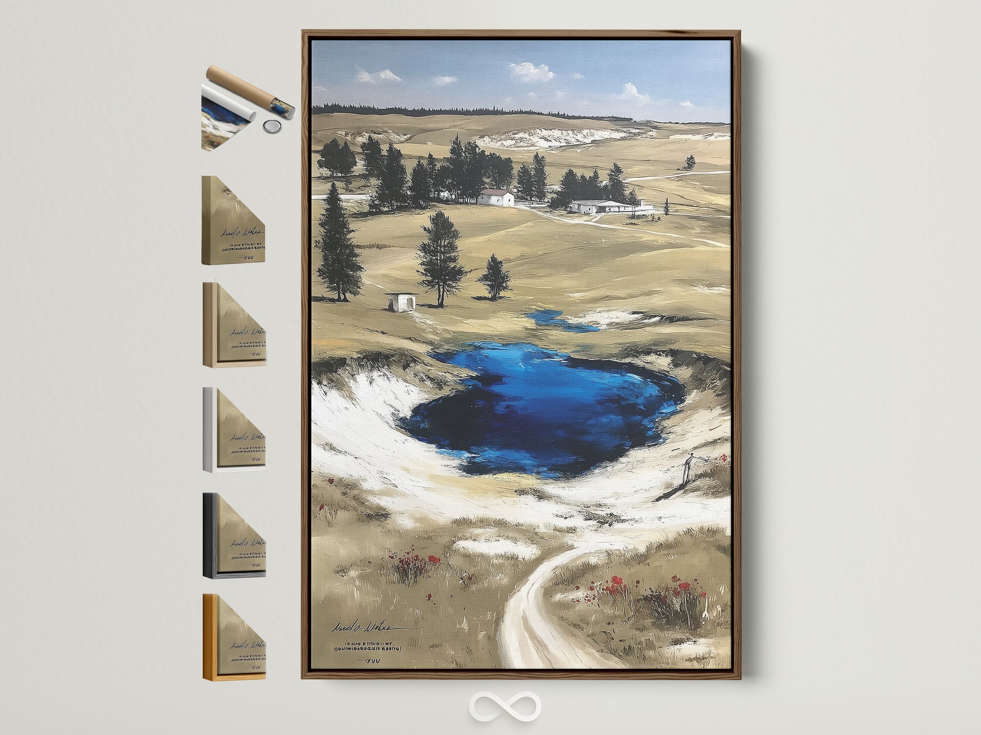 Brown frame displays Wyoming landscape artwork. See all available frame options on the side. Perfect nature wall art for rustic farmhouse neutral or nature-inspired home decor. Grand Prismatic Springs Yellowstone National Park poster brings scenic artwork to living rooms cabins and offices.