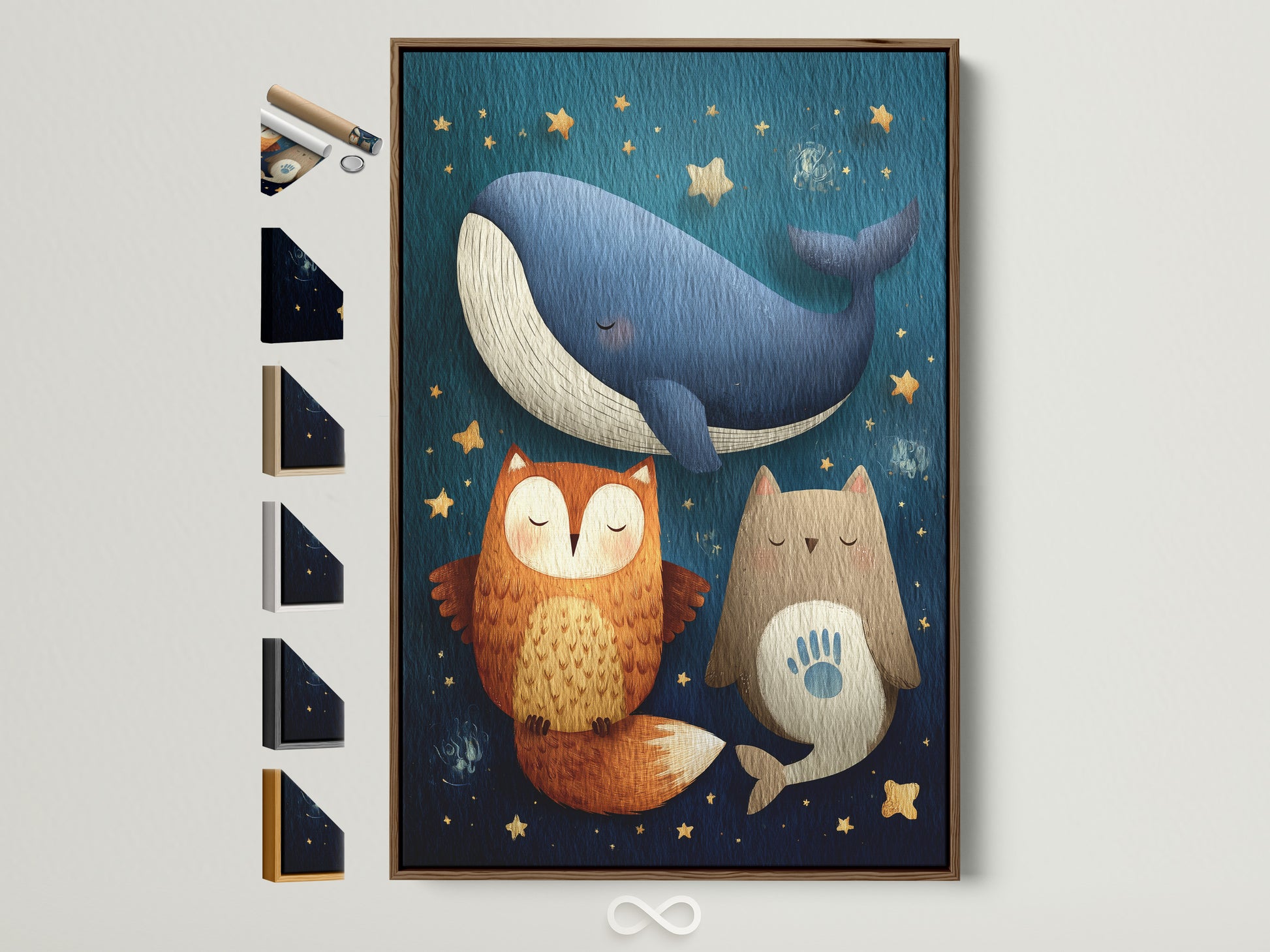 Charming framed artwork featuring a whale fox and cat under a starry sky. This whimsical piece is displayed in a light brown frame. Explore various frame options to perfectly match your decor. Elevate your space with this delightful art print.