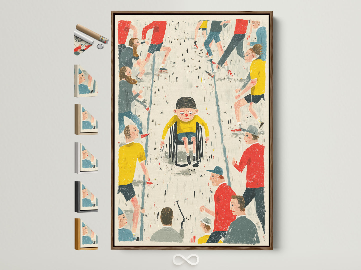 A beige-toned wall displays an inclusive art print in a brown frame. The artwork features a child in a wheelchair surrounded by figures. This piece promotes community diversity and is ideal for therapists or social workers. It can also be a great addition to clinics classrooms and community centers.