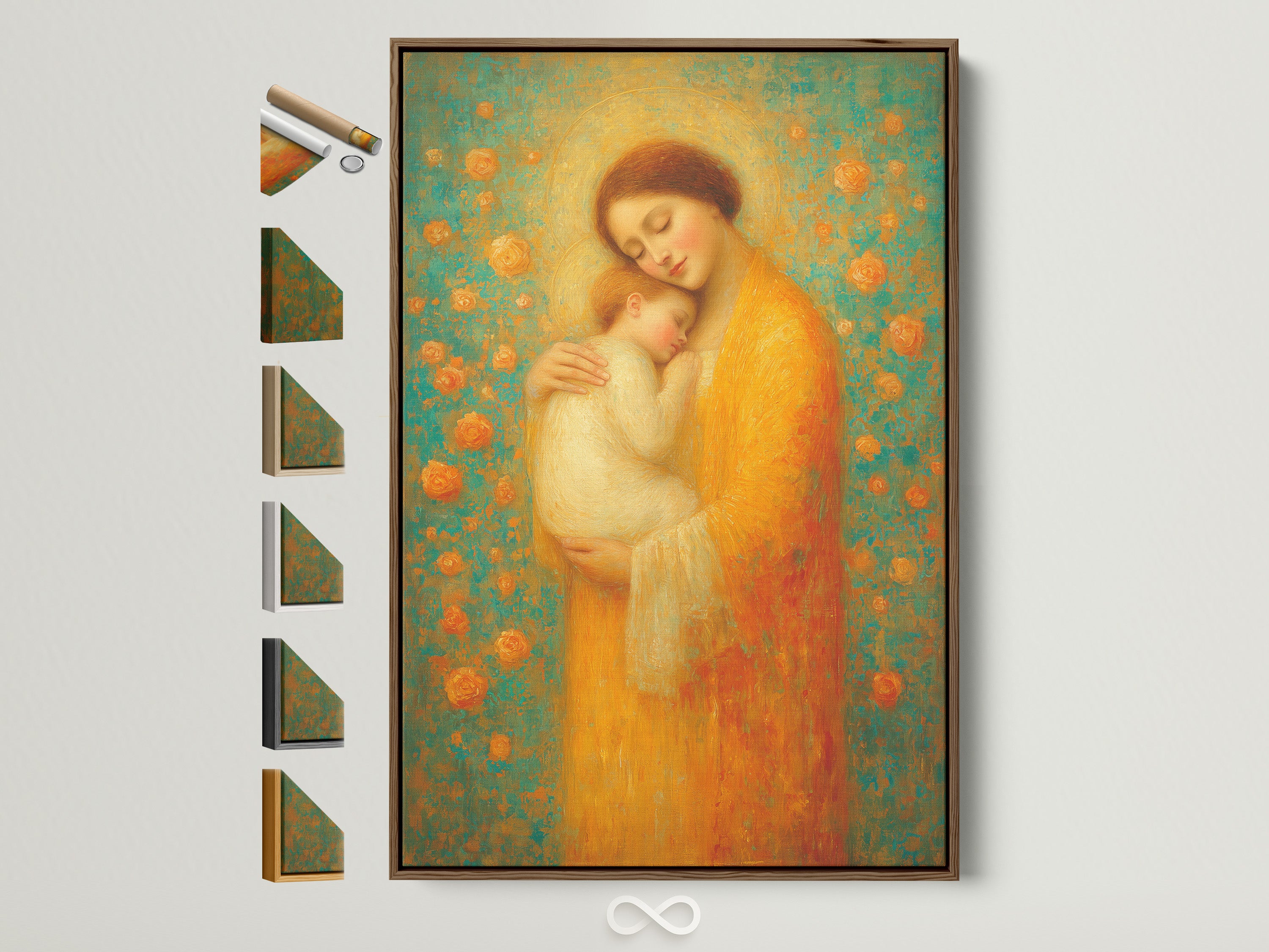 A beautiful fine art print features a tender moment. A mother lovingly holds her child. The artwork is displayed in a brown frame. Explore various frame options to enhance your chosen art.