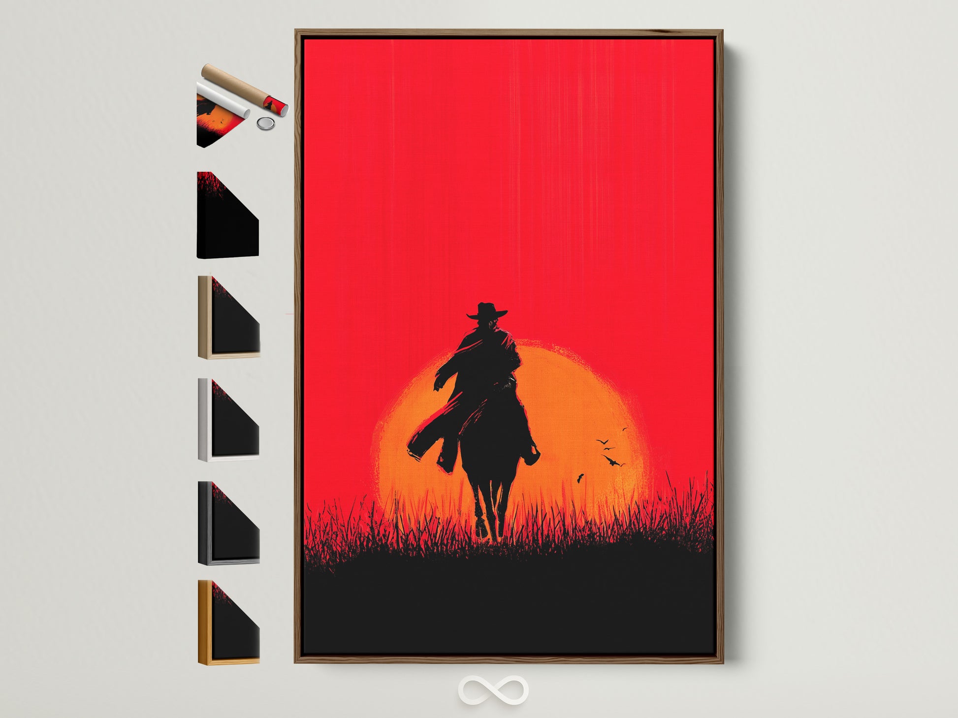 Cowboy Sunset Canvas Print in a brown frame. The artwork features a striking red orange silhouette of a horse rider against a setting sun. Explore frame options to match your rustic wall decor. Perfect for man caves offices or western themed spaces.