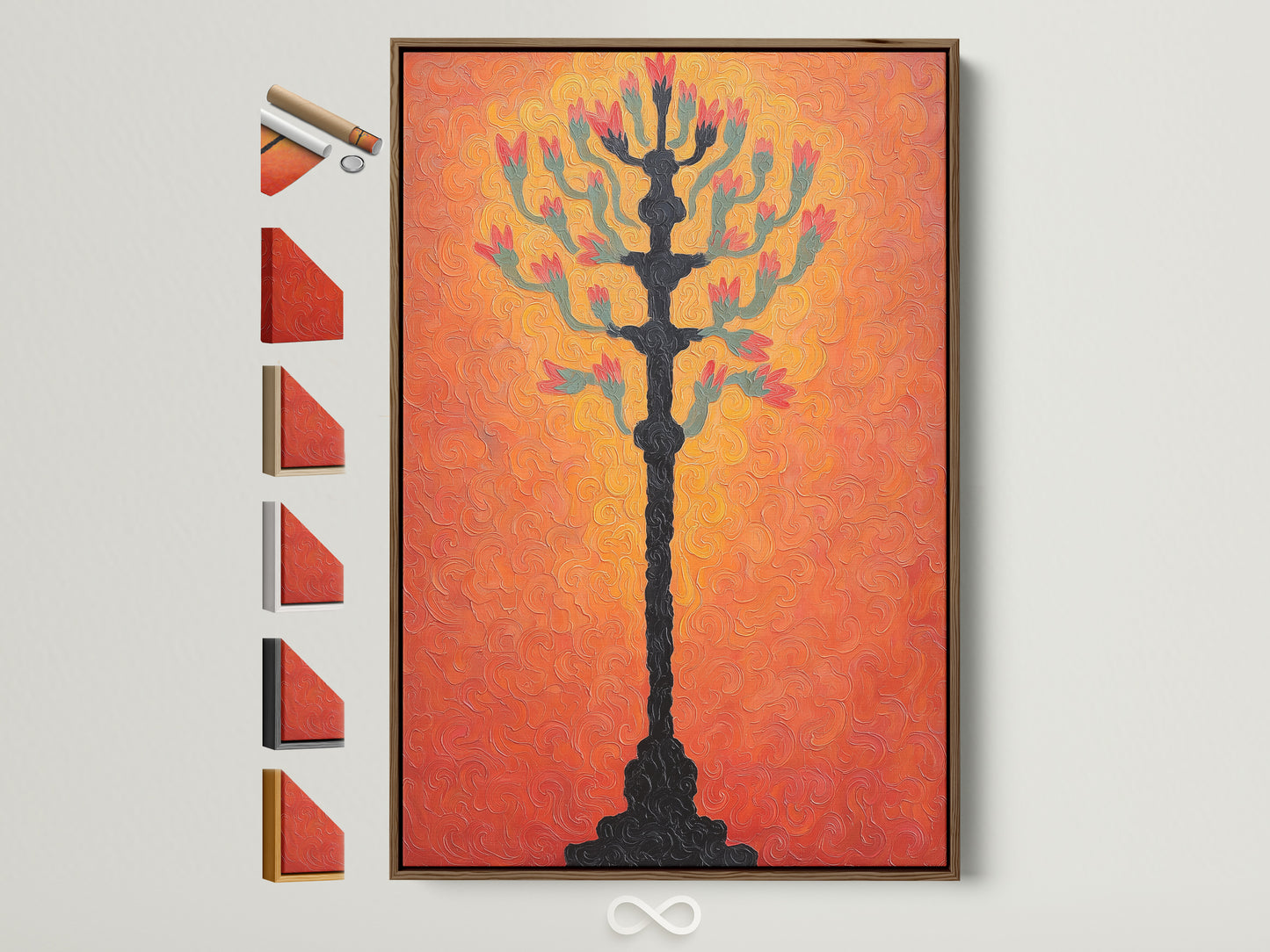 Botanical tree art print with a textured coral wall art background displayed within a brown frame. This modern floral artwork is perfect for adding a touch of nature to your entryway decor. See frame options available on the side.