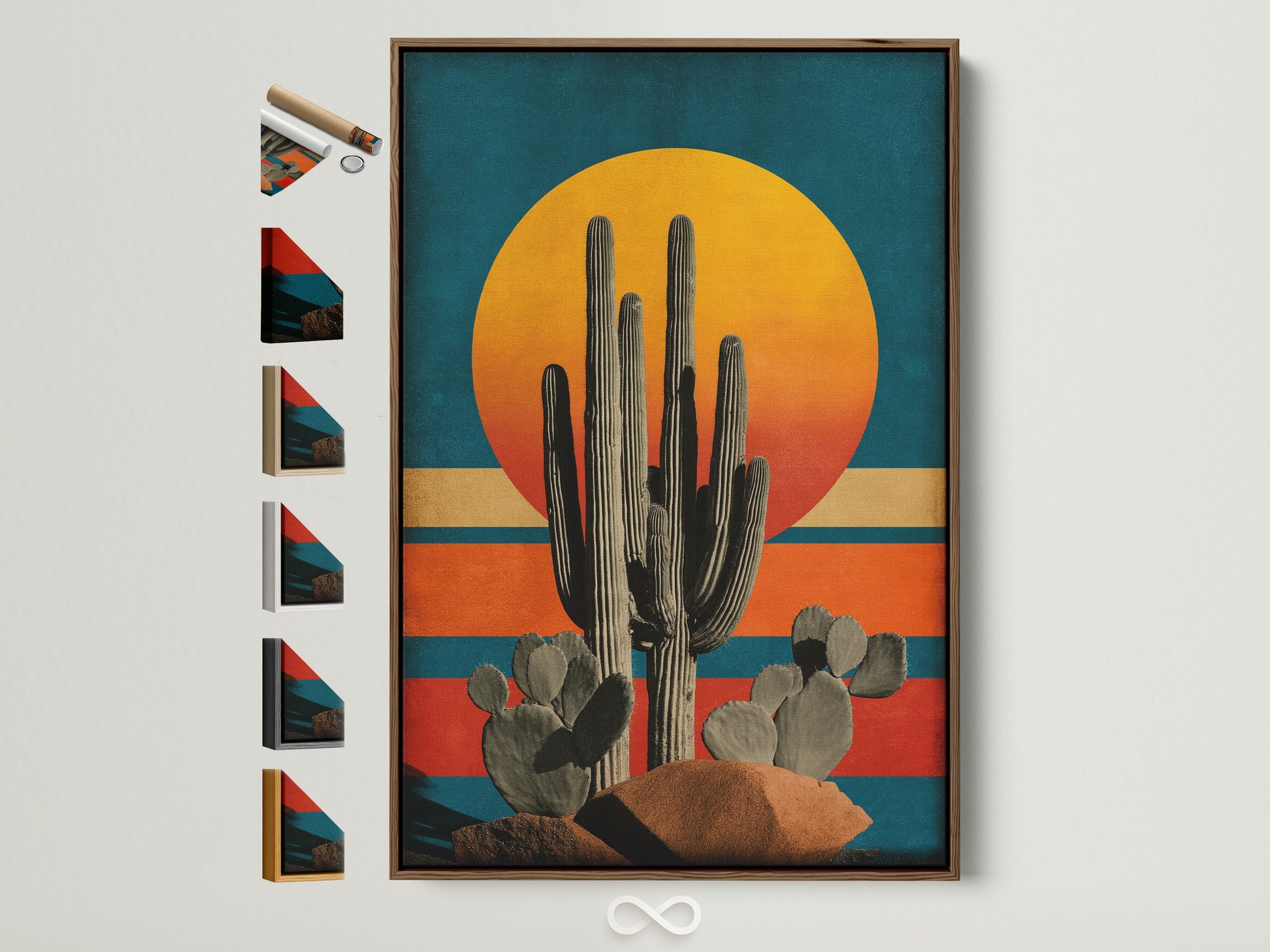 Elevate your space with Southwestern sunset canvas art. The brown frame complements various aesthetics. Perfect for homeowners renters and businesses seeking unique desert wall artwork. Explore frame options to match your style.