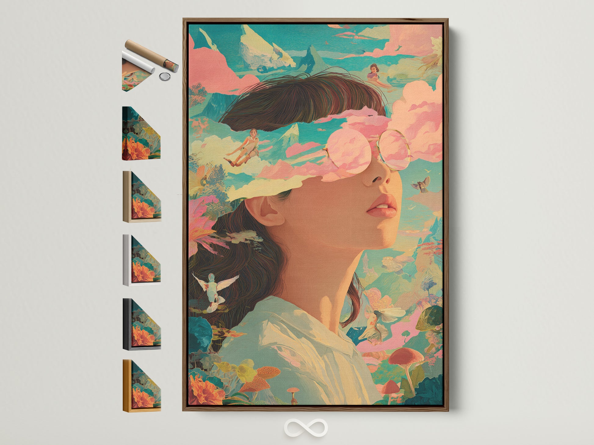 A captivating artwork is displayed in a brown frame. The art features a woman with sunglasses surrounded by whimsical clouds and nature elements. The frame enhances the art's beauty. Explore framing options to perfectly complement your favorite prints.