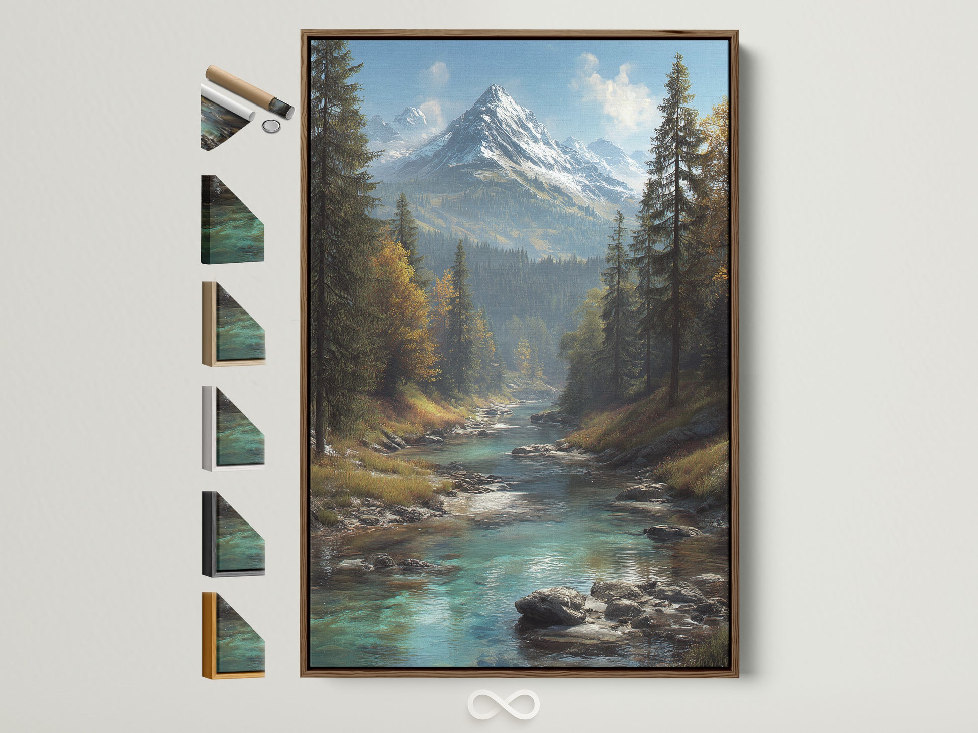 Mountain river art in a brown frame. Frame options are displayed on the side. The artwork shows an alpine landscape. Turquoise water flows through a forest scene. This nature photography brings wilderness decor to any room.
