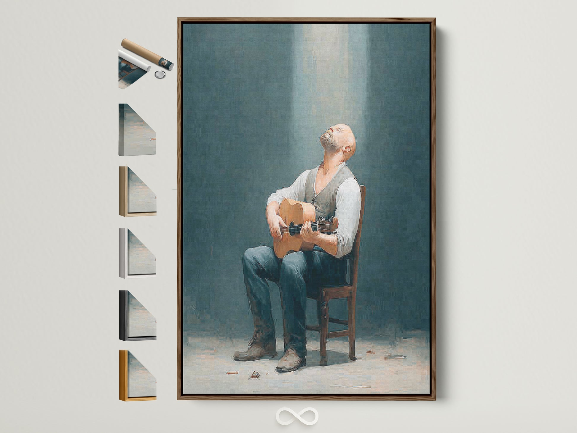 Rustic man with guitar art in a brown frame. See all our frame options for vintage-style wall art. Perfect music room decor. Shop man with guitar artwork for your studio today