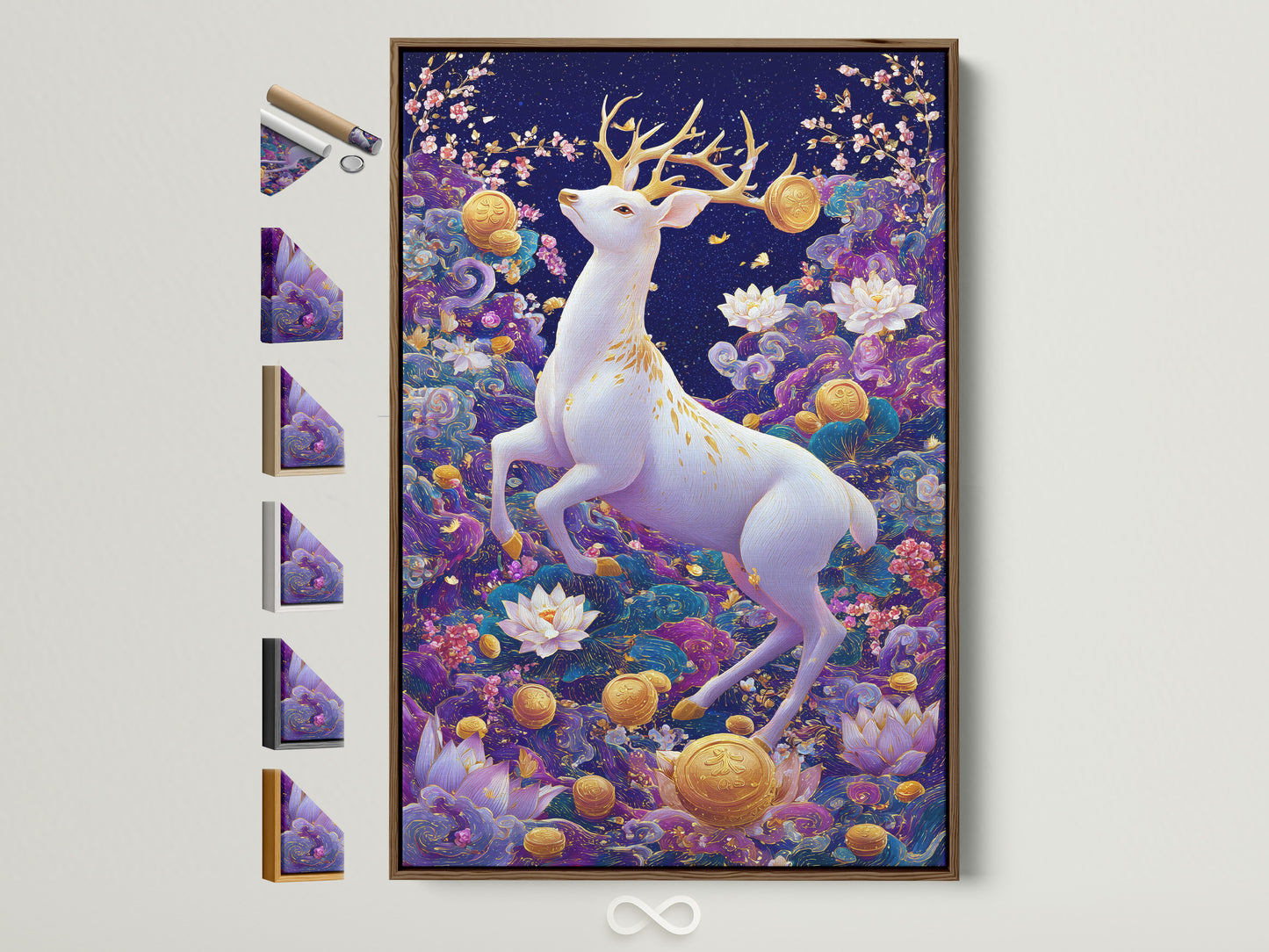 A brown frame displays mystical forest wall art. The white deer art is surrounded by a purple lotus print. Frame options are showcased on the side. Perfect wall decor for minimalist Scandinavian or eclectic styles