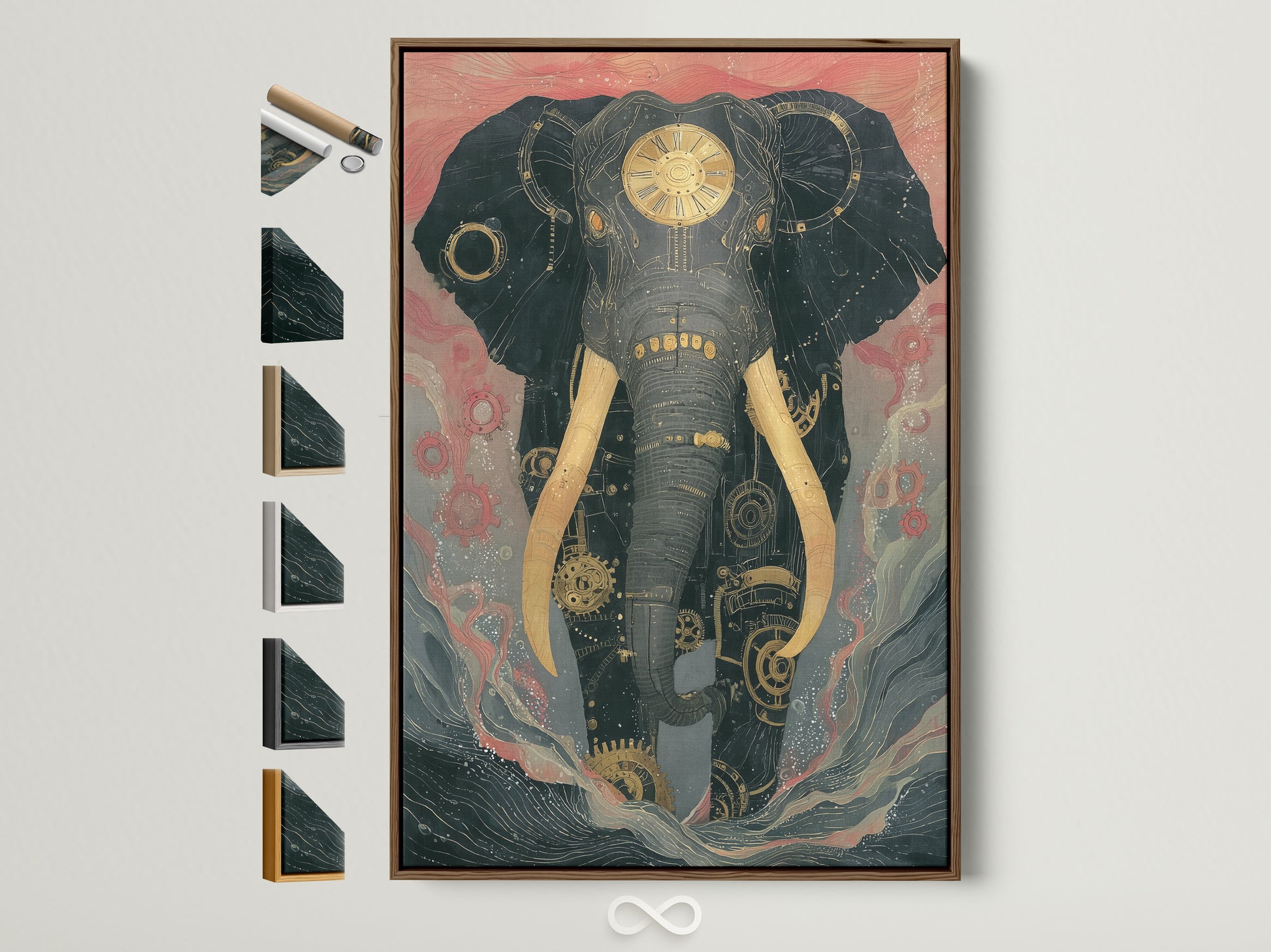 Steampunk Elephant artwork framed in a brown frame. See all frame options displayed beside the artwork. The mechanical animal wall art is perfect industrial home decor. This vintage piece elevates any study room.