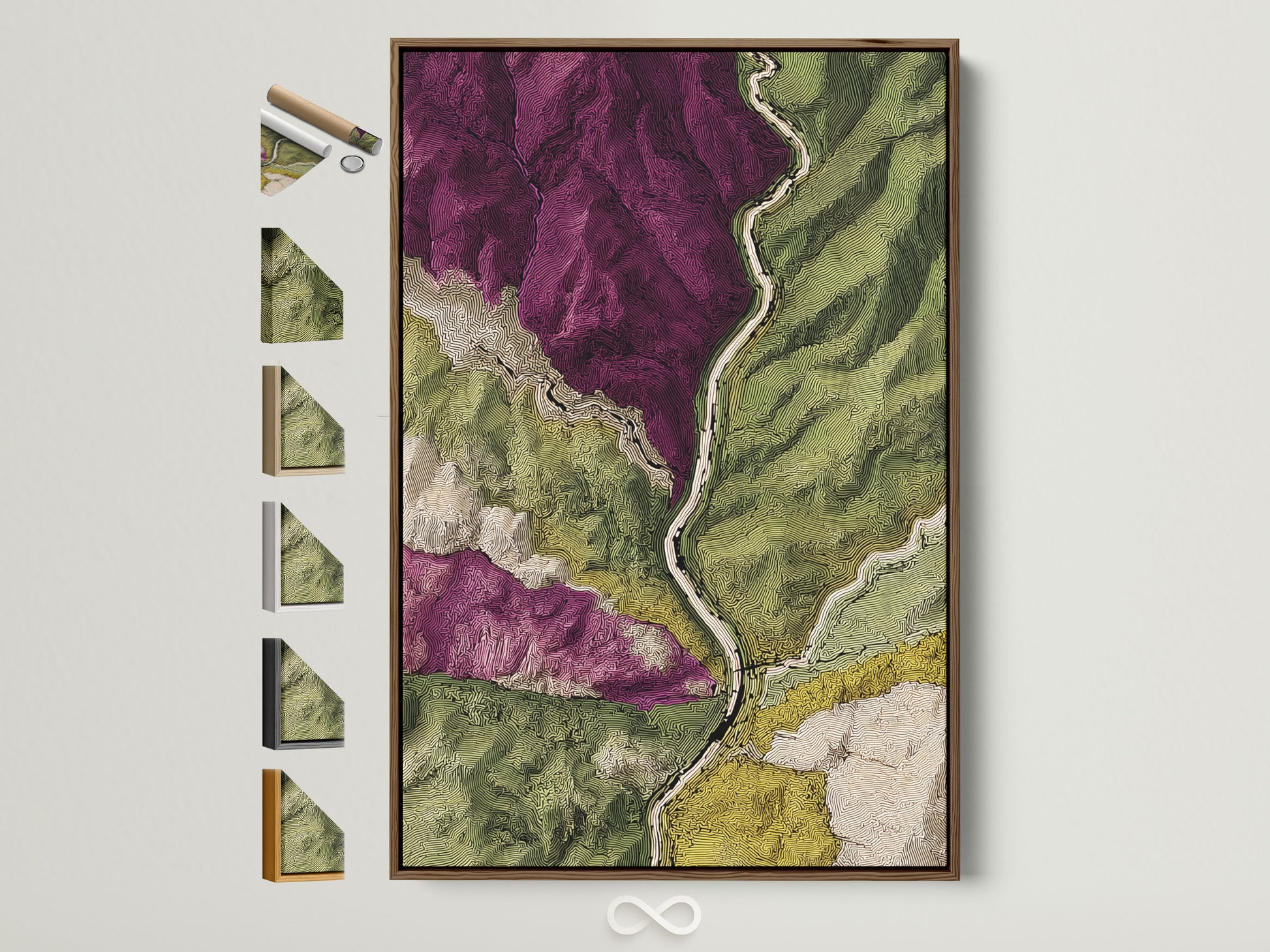 A framed artwork hangs on a white wall. It features a detailed topographical map with purple and green regions. The frame is a light brown wood. All frame options are displayed on the side. The art adds sophistication to any space. Consider this piece for your home.