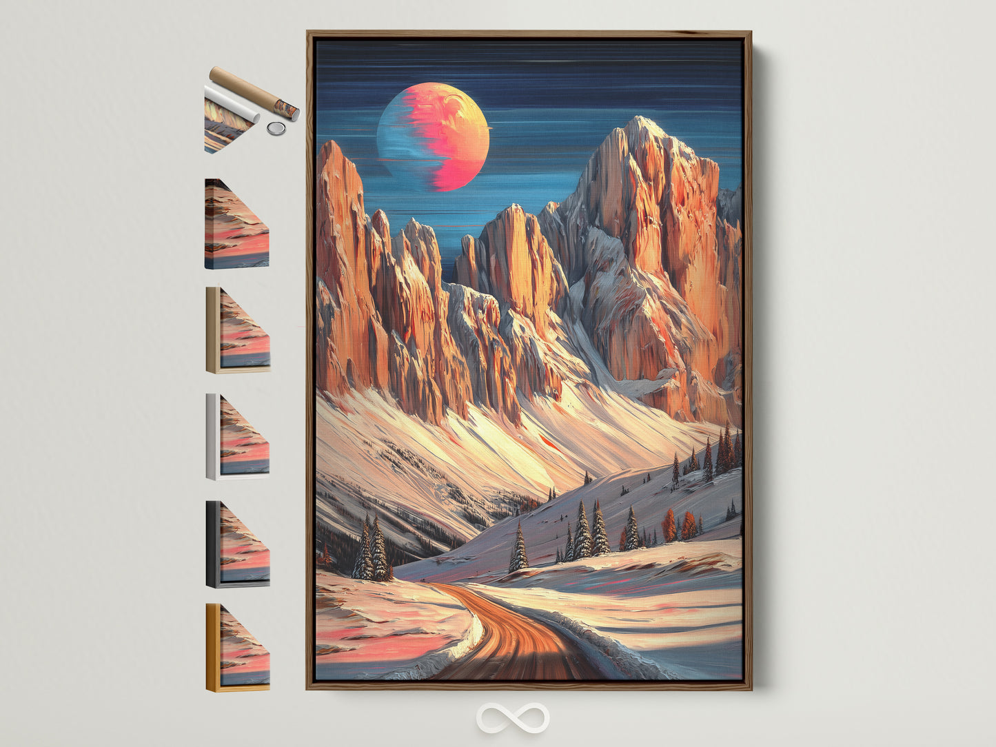 Explore framing options with this mountain moon canvas print. See a brown frame showcasing various frame styles. This winter landscape wall art features peach and teal tones. Perfect for adding alpine artwork to your home decor. Discover fine art for modern interiors.