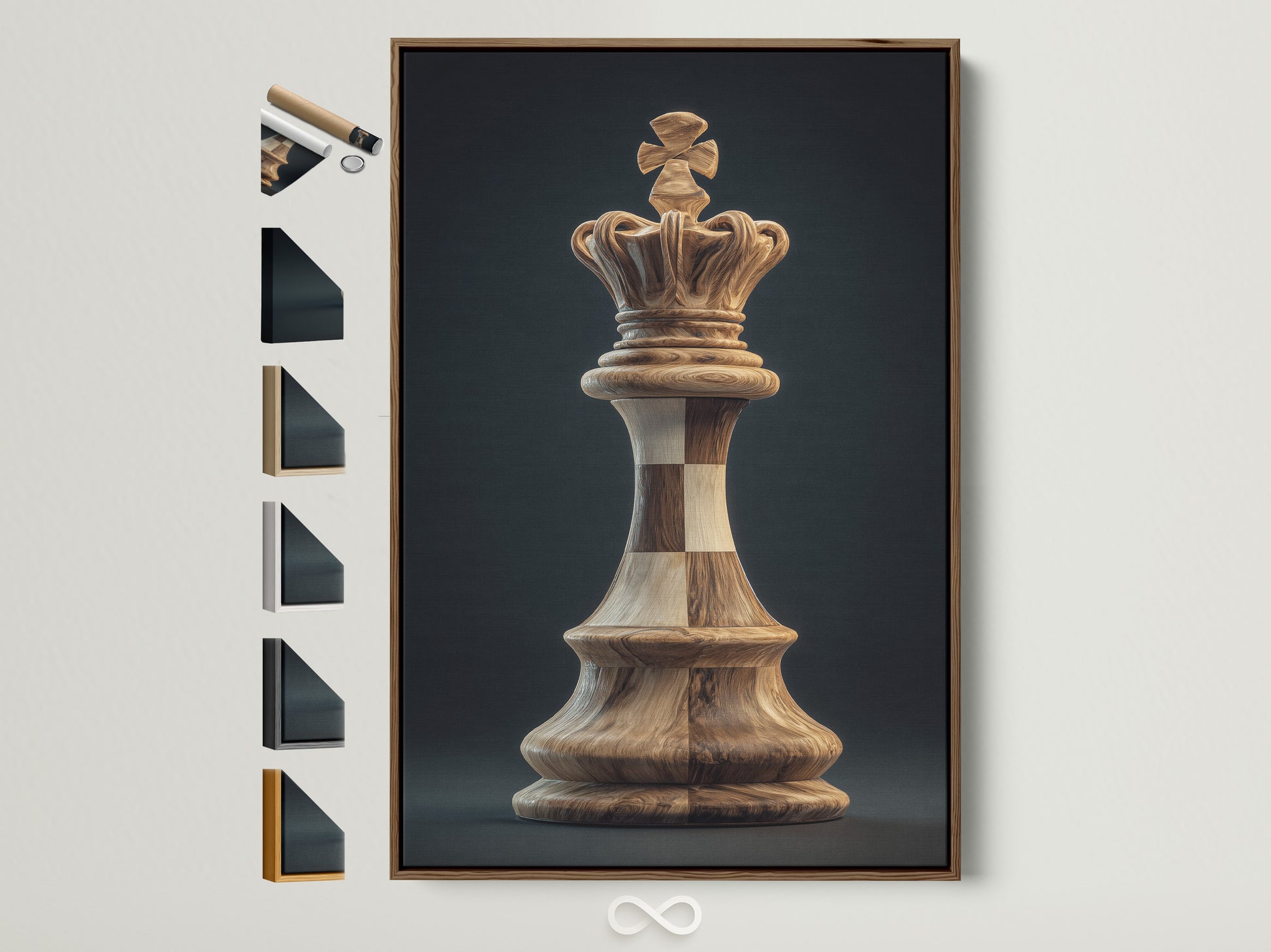 Brown frame showcasing art piece. The frame options are displayed on the side. This allows for easy customization. Perfect to match any interior style. Elevate your space with unique framed artwork.