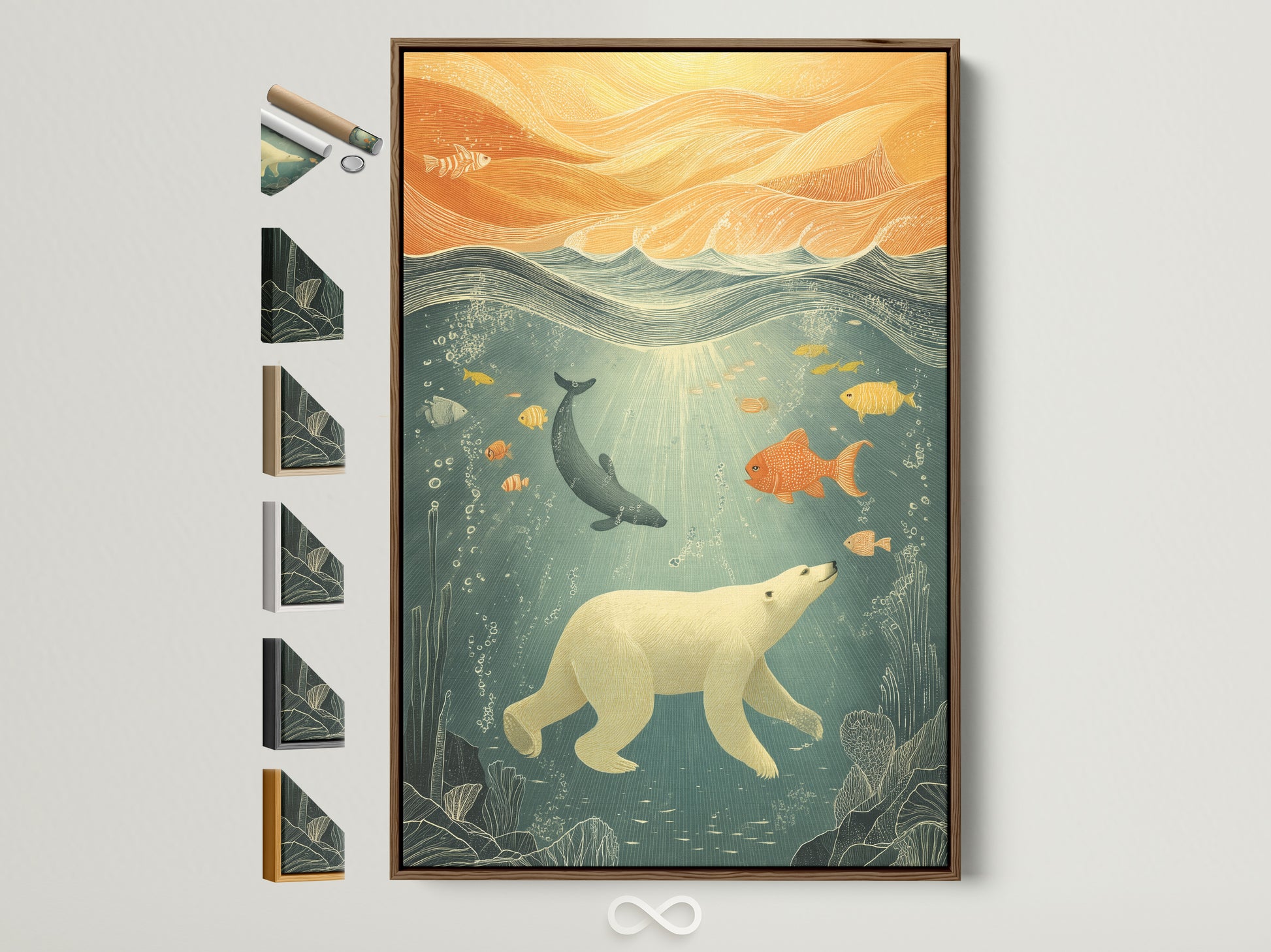 Ocean Wildlife Canvas Print in a brown frame. This artwork brings marine life to any kids room or nursery. See frame options on the side. This canvas features a polar bear underwater with fish. Coastal style with blue and orange hues. Perfect for adding aquatic charm to your home.