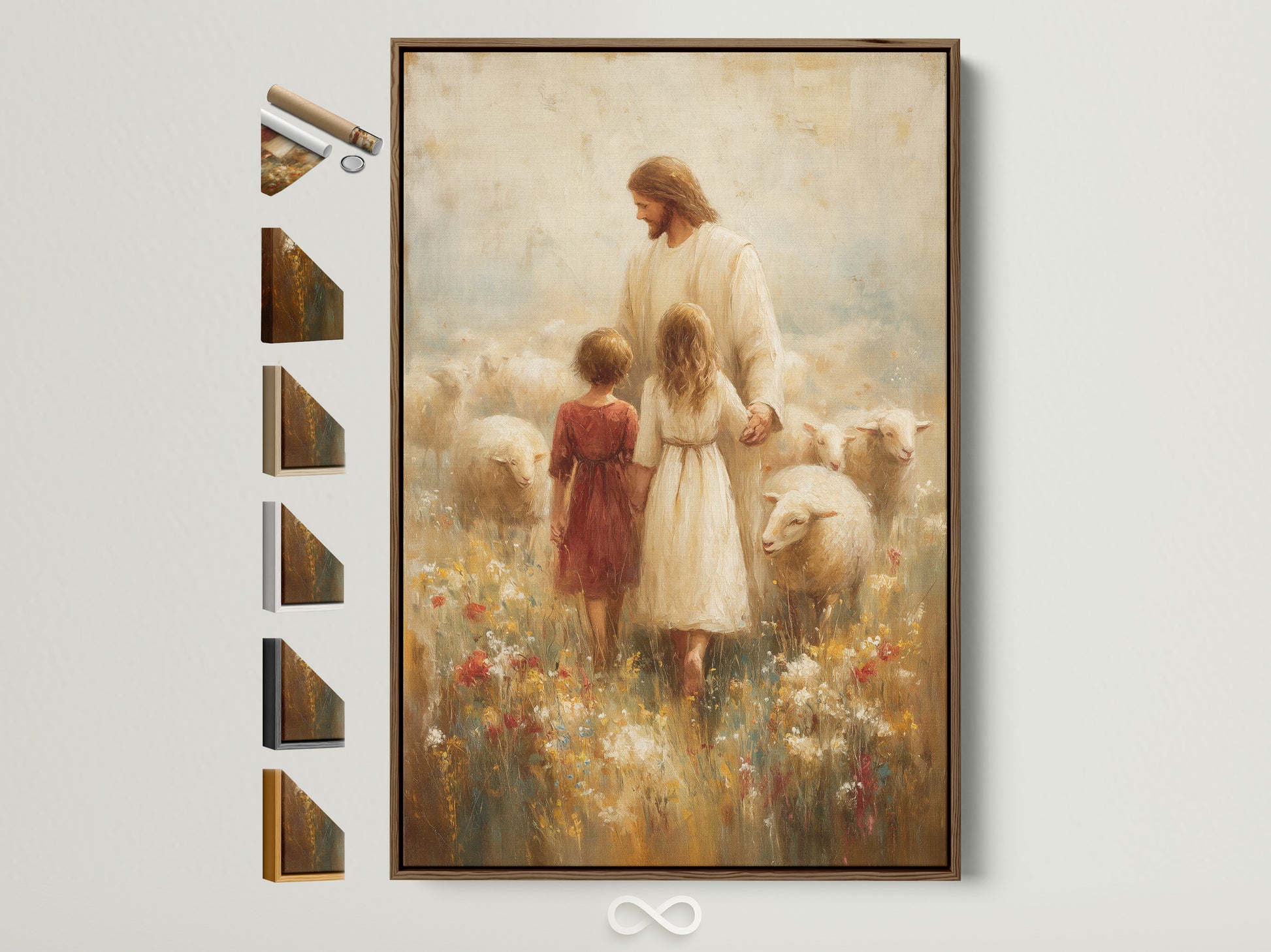 A beautiful fine art print featuring Jesus with children and sheep is displayed in a brown frame. This artwork is a beautiful addition to any home. See all available frame options to customize this artwork to your home decor.