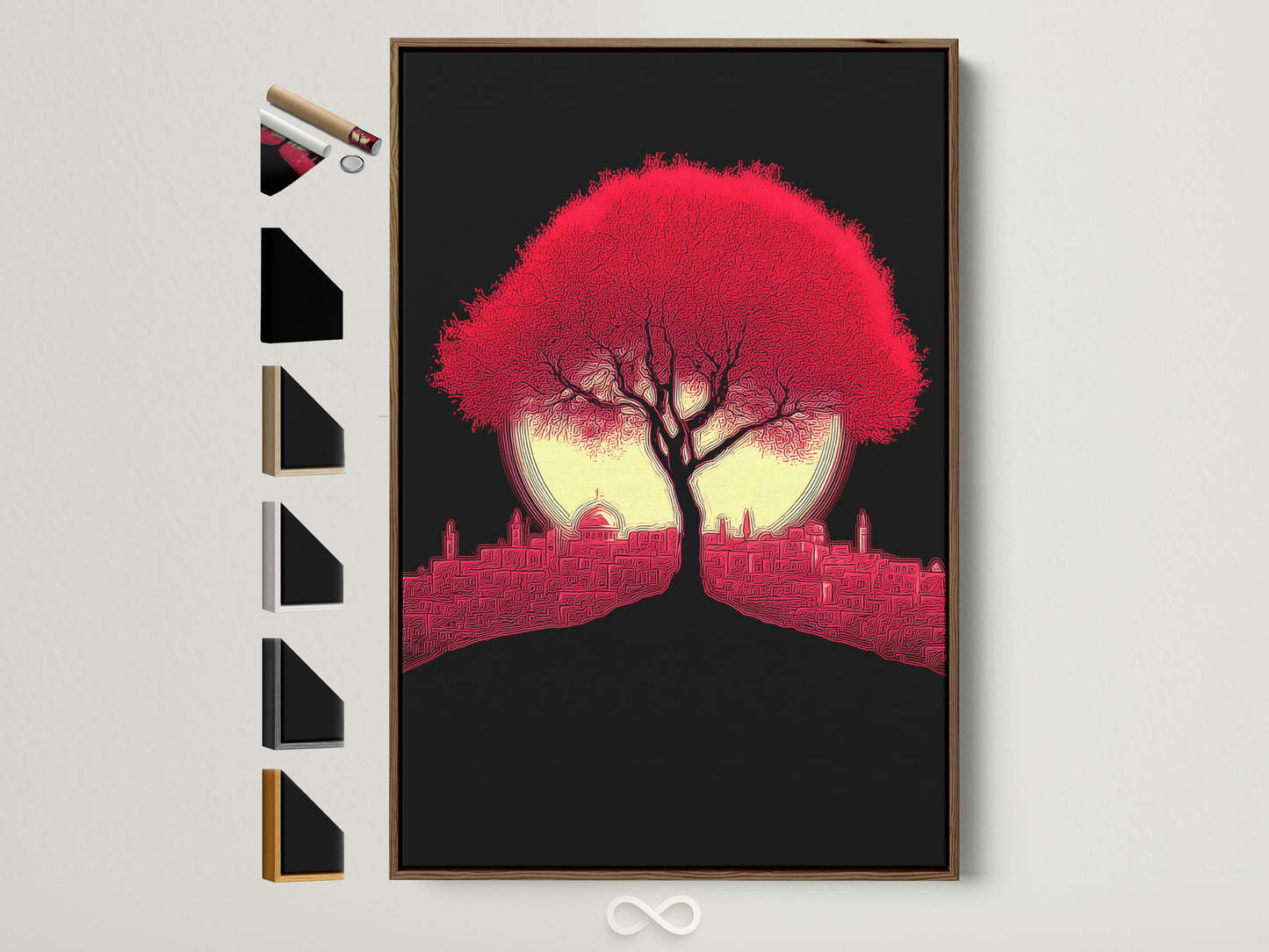 Crimson Tree artwork in a Brown frame. The red cityscape wall art is a modern silhouette. The artwork is displayed with various frame options. See oak white black and gold frame styles. Find the perfect frame for your modern artwork.