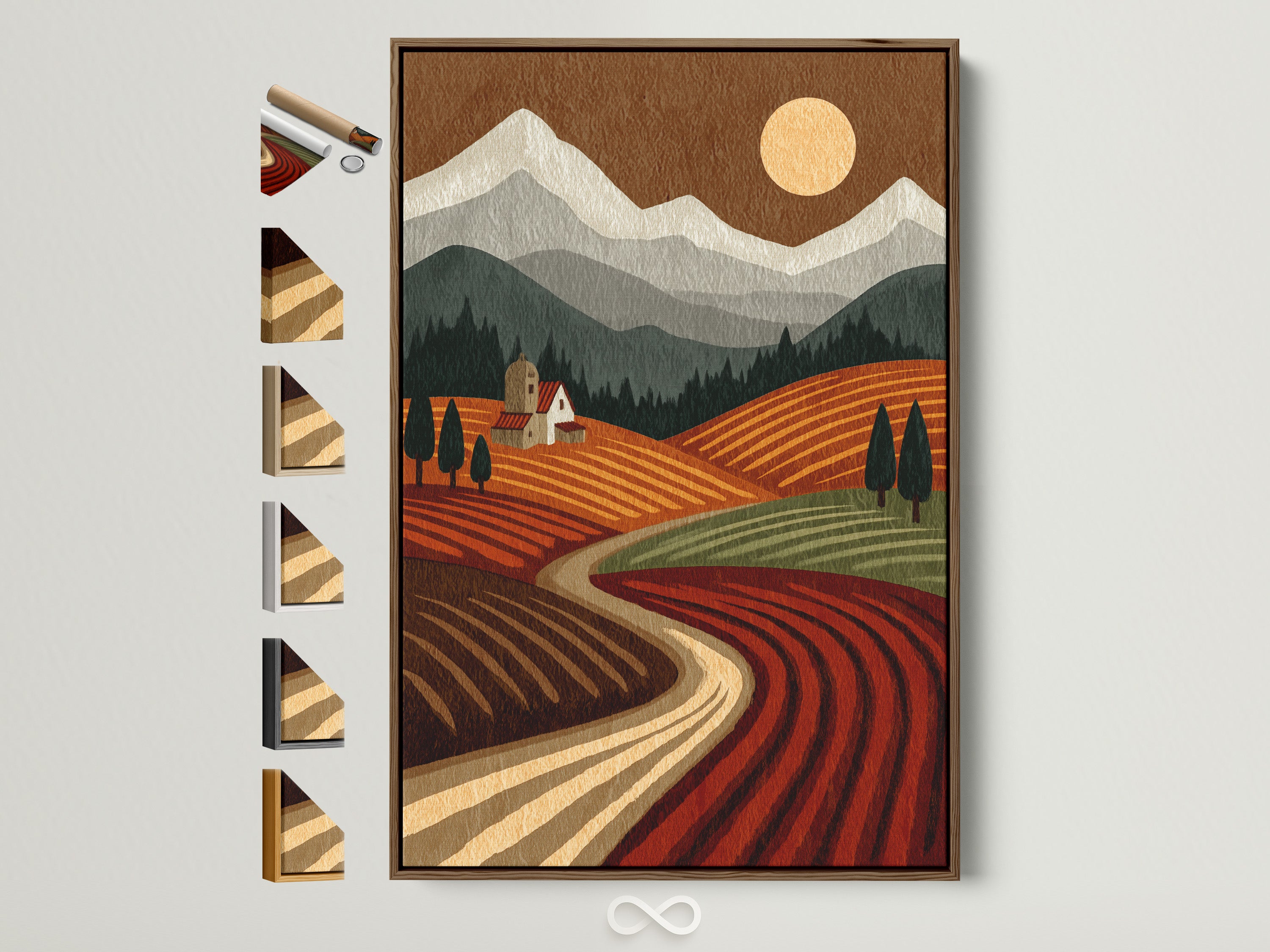 Tuscany Landscape artwork with a brown frame. View all frame options on the side. This vintage farm fields wall art brings the countryside to your dining room. Rolling hills and earth tones create rustic wall decor.