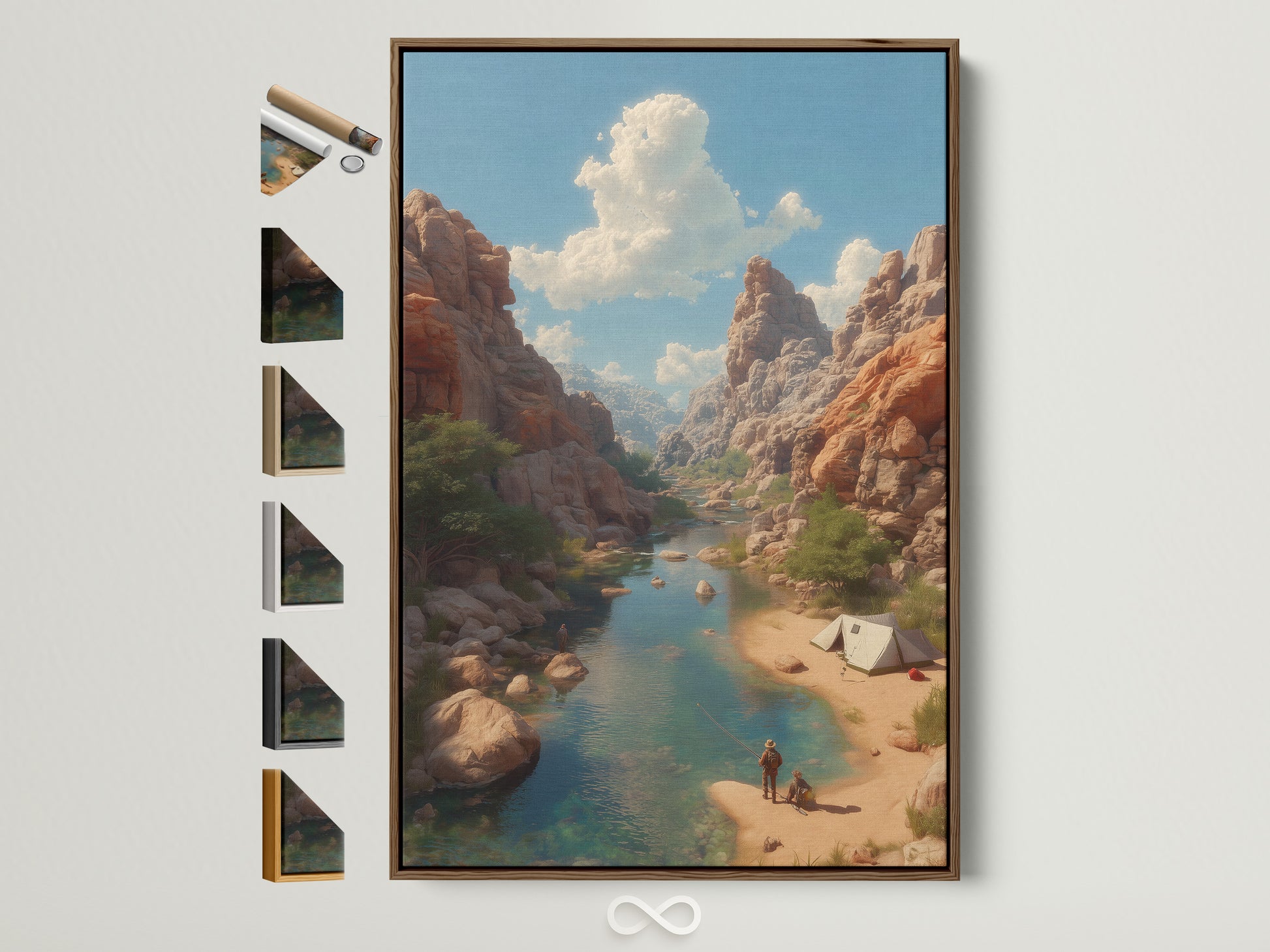 Framed artwork showcasing various frame finish options. See the brown frame on the wall. Explore frame choices. Enhance your art with our frame selection. Find the perfect frame to complement your artwork. Display all frame options on the side.