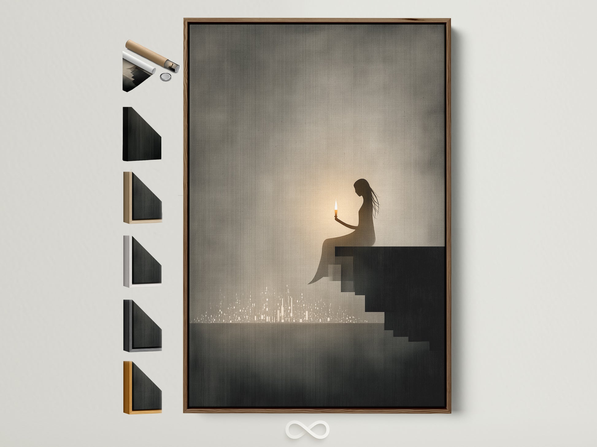 Explore frame options for the Silhouette Canvas Print. See a brown frame displayed with all available frame styles. Perfect for minimalist gray artwork in meditation spaces or serene home decor.