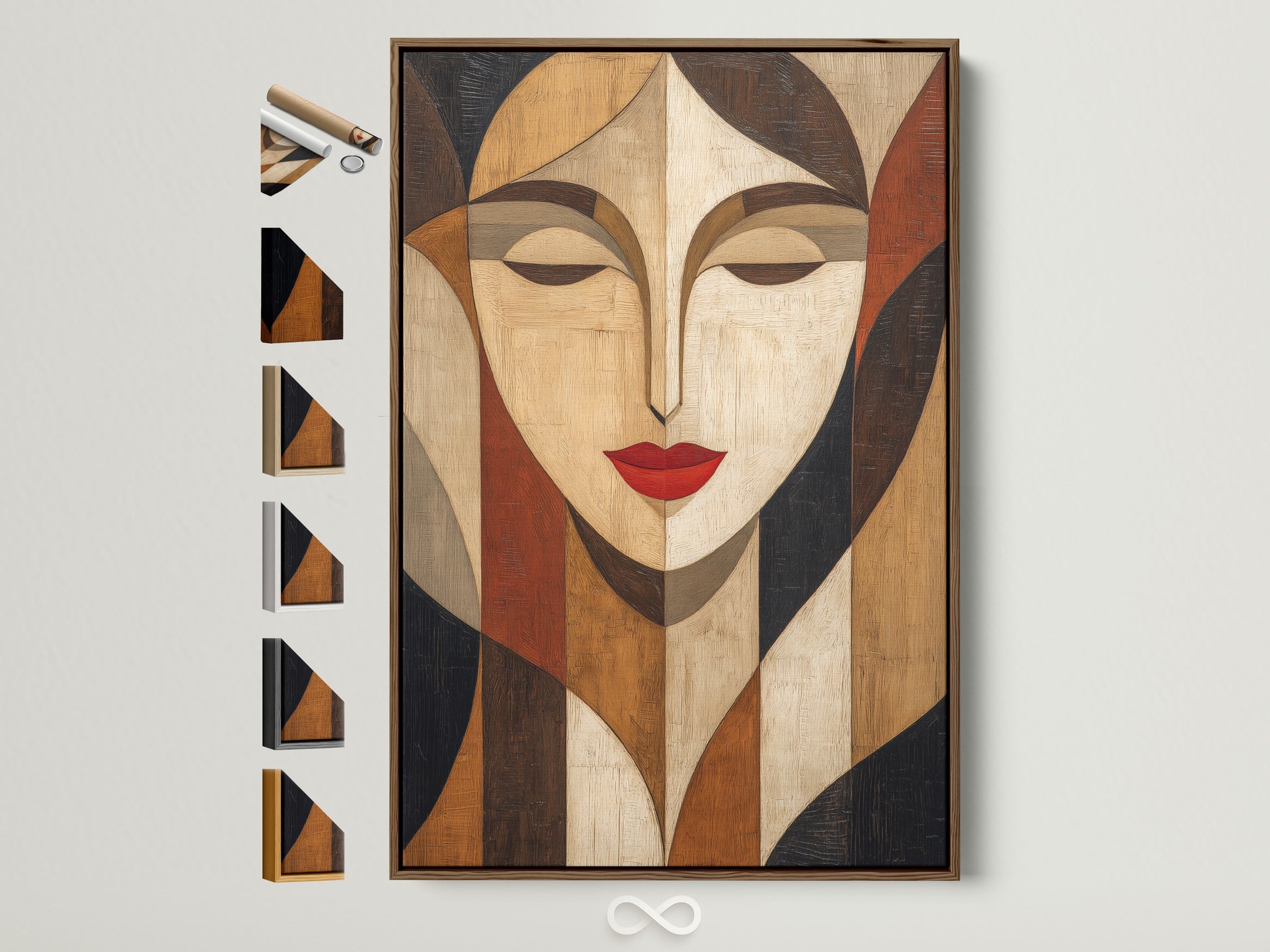 A framed artwork hangs on a white wall. The brown frame complements the art. Frame options are displayed beside the artwork. This highlights the versatility of the framing choices available to match any art and decor style.