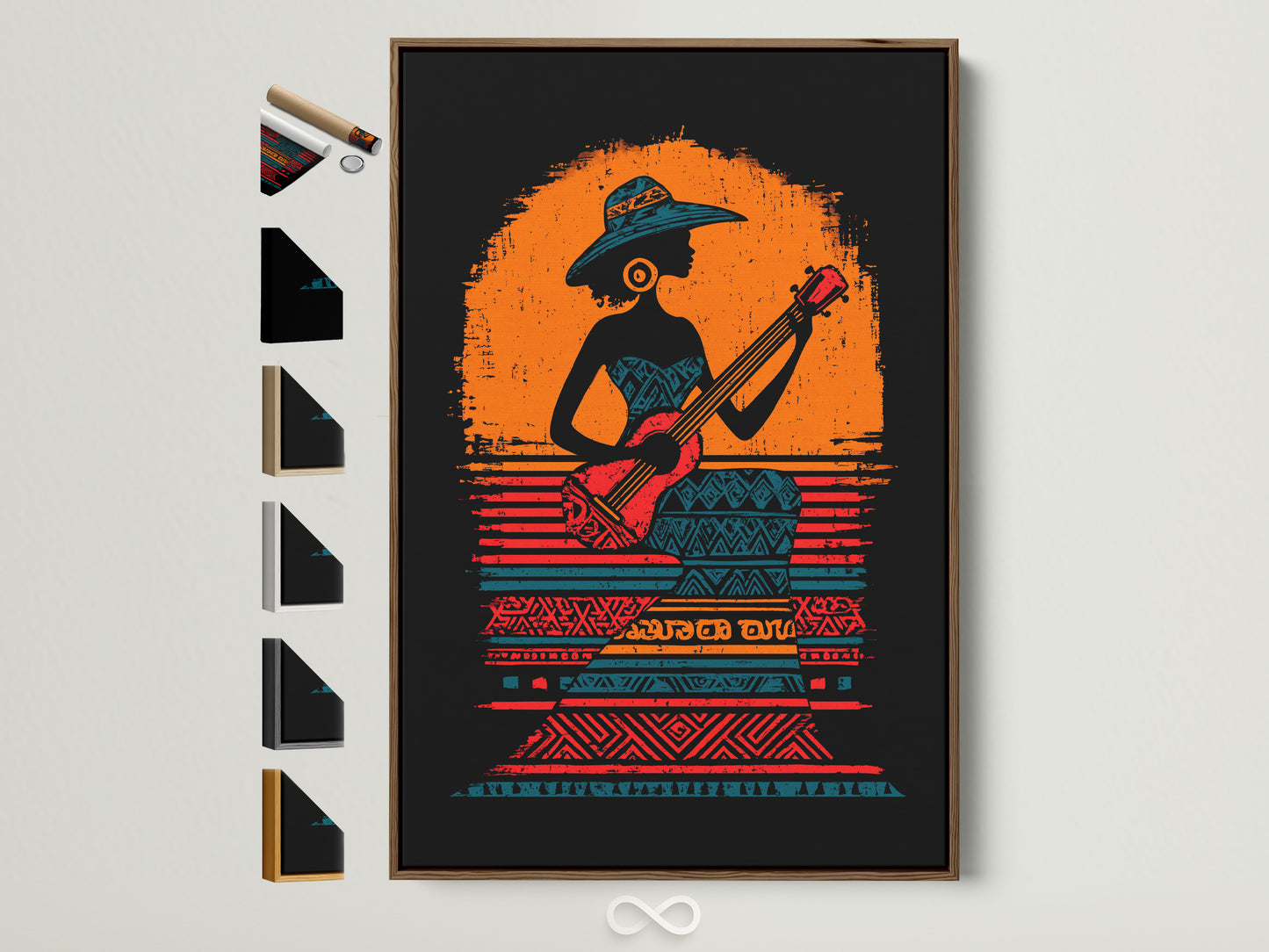African Woman Guitar Player Art Print - Tribal Music Wall Art, Bohemian Decor, Orange Black Poster, Cultural Music Art