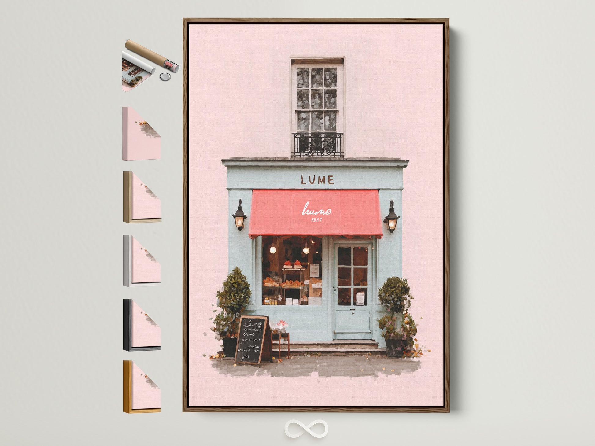 A charming art print is displayed in a brown frame. The artwork features a quaint building with a pink facade and a red awning. This is the brown frame option. All frame options are displayed on the side for easy comparison. Perfect for adding a touch of Parisian flair to any room